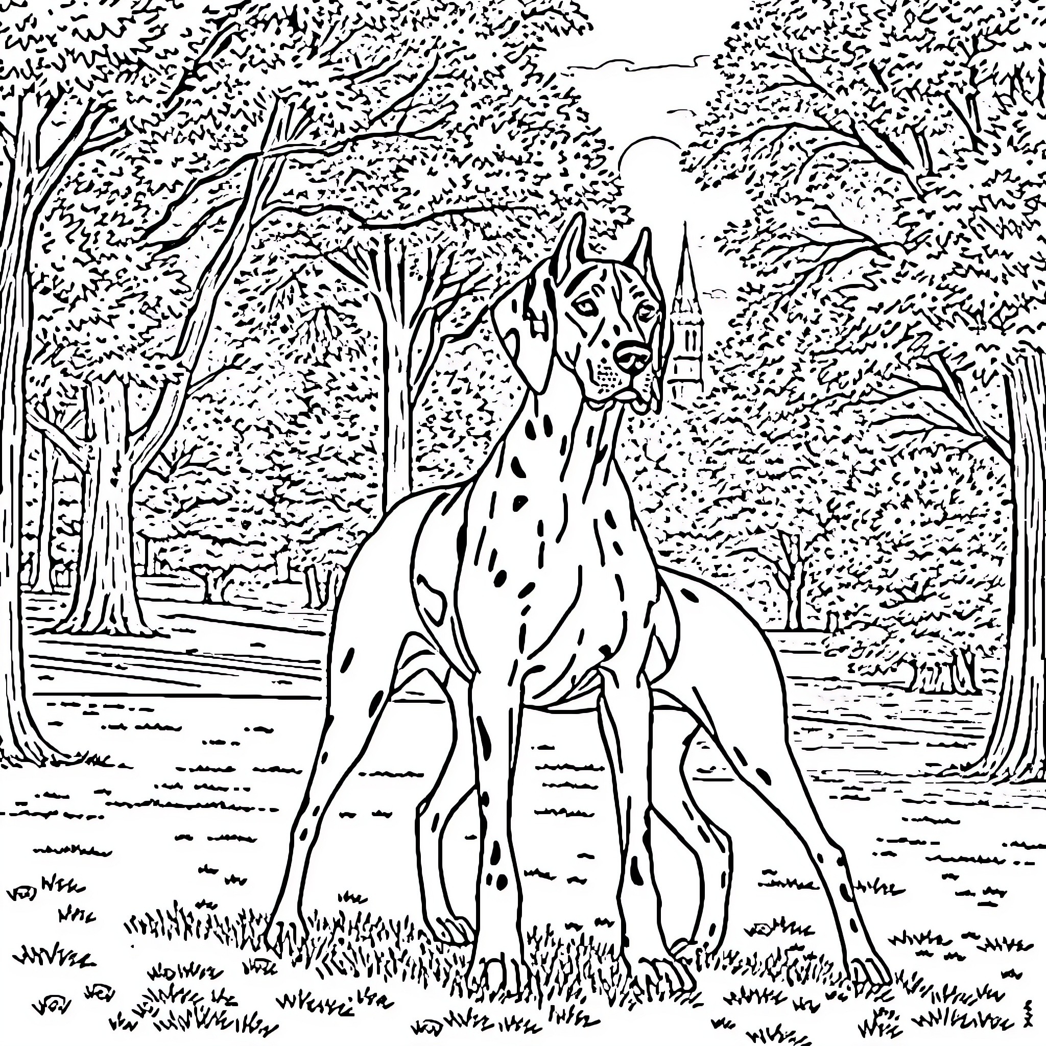 Great Dane exploring the wilderness Coloring Page (free black-and-white line drawing printable PDF for all, from beginners to advanced learners, including children, teens, adults, and seniors)