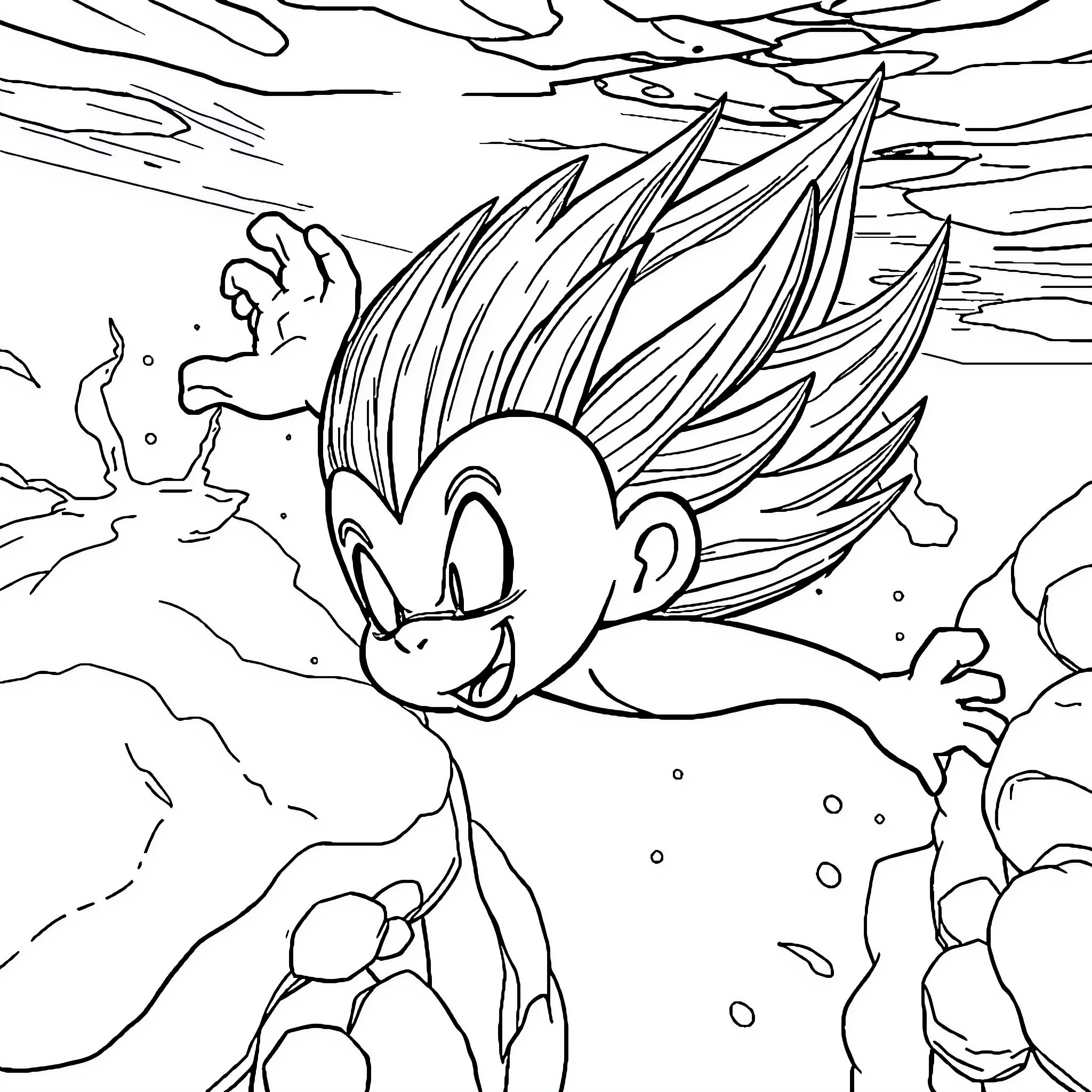 Vegeta's Intense Underwater Action Coloring Page (free black-and-white line drawing printable PDF for all, from beginners to advanced learners, including children, teens, adults, and seniors)