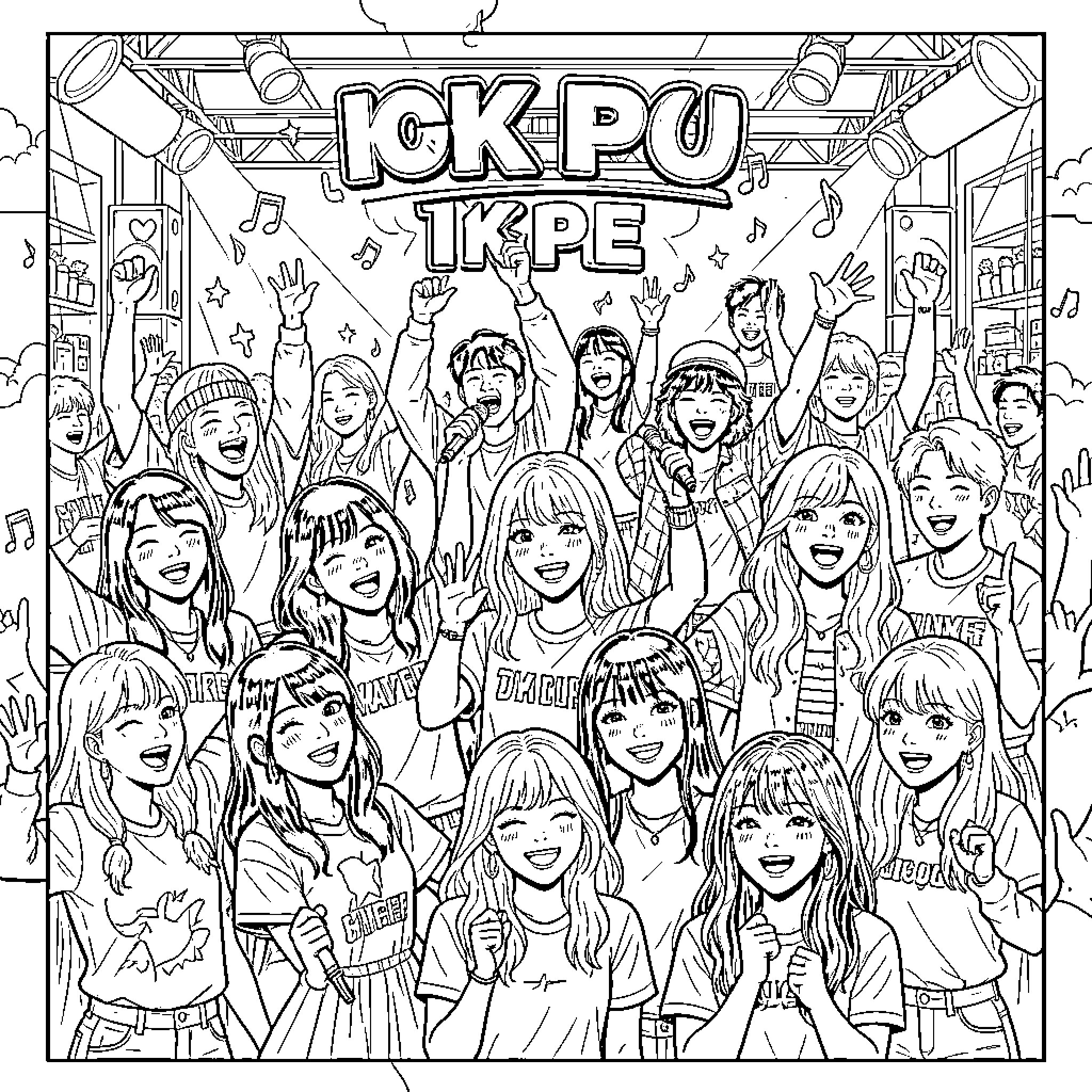 K Pop group performing energetically on a bright stage Coloring Page (free black-and-white line drawing printable PDF for all, from beginners to advanced learners, including children, teens, adults, and seniors)