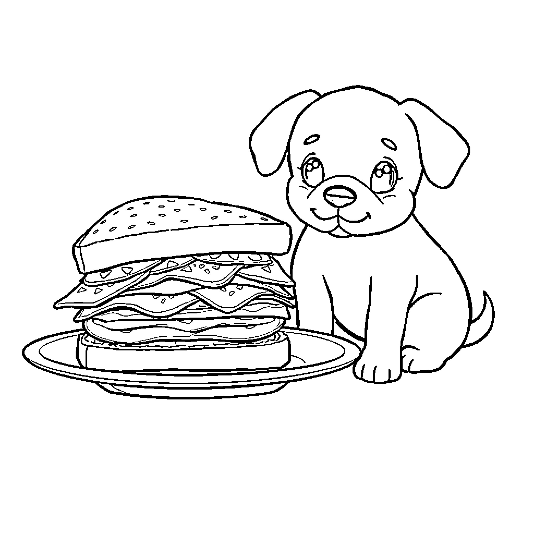 Sandwich with Curious Puppy Coloring Page (free black-and-white line drawing printable PDF for all, from beginners to advanced learners, including children, teens, adults, and seniors)