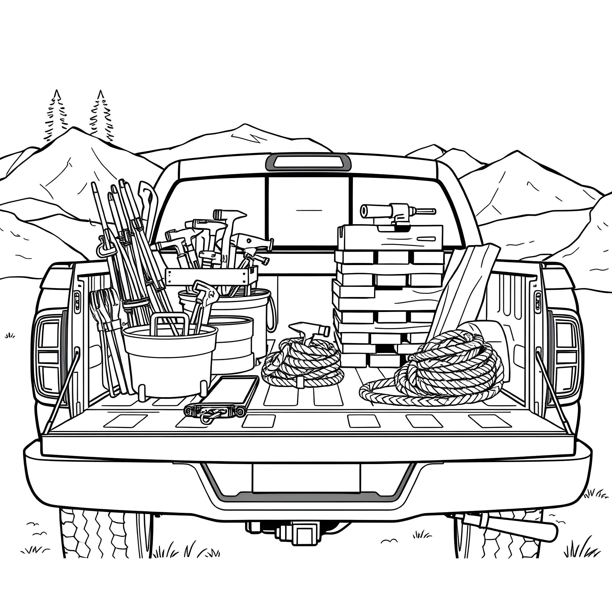 Truck loaded with camping equipment in the mountains Coloring Page (free black-and-white line drawing printable PDF for all, from beginners to advanced learners, including children, teens, adults, and seniors)