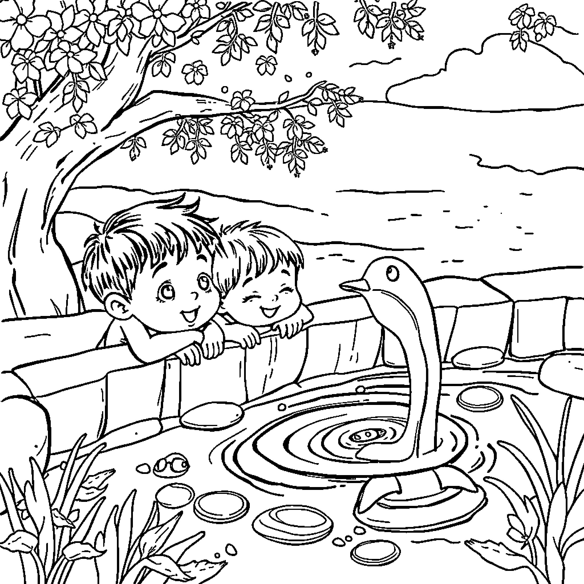 Niño observing a playful creature in nature Coloring Page (free black-and-white line drawing printable PDF for all, from beginners to advanced learners, including children, teens, adults, and seniors)