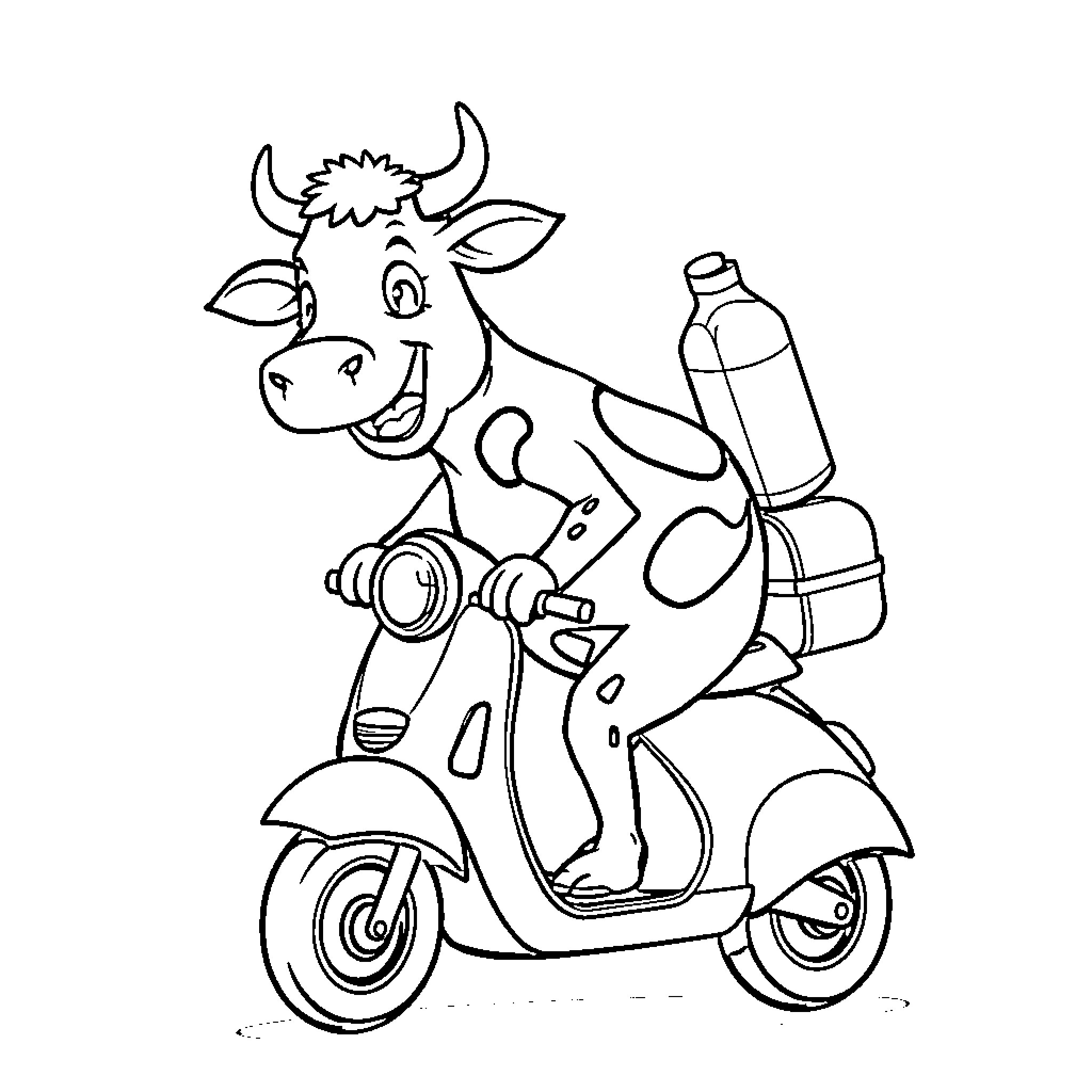 Cow riding scooter with bottle Coloring Page (free black-and-white line drawing printable PDF for all, from beginners to advanced learners, including children, teens, adults, and seniors)
