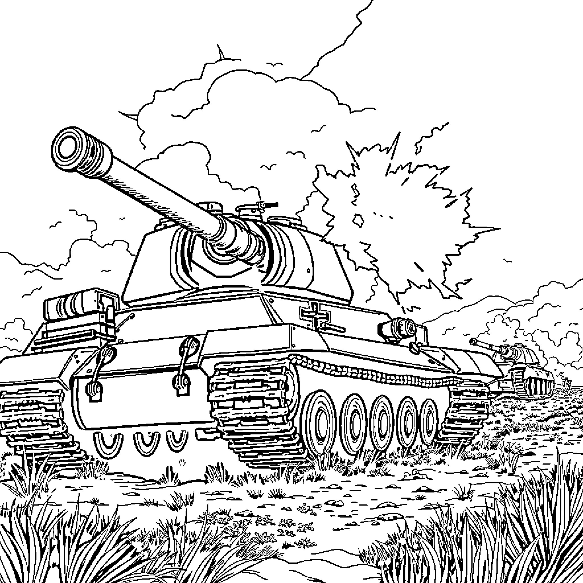 Tiger Tank Storming Through Battlefield Coloring Page (free black-and-white line drawing printable PDF for all, from beginners to advanced learners, including children, teens, adults, and seniors)