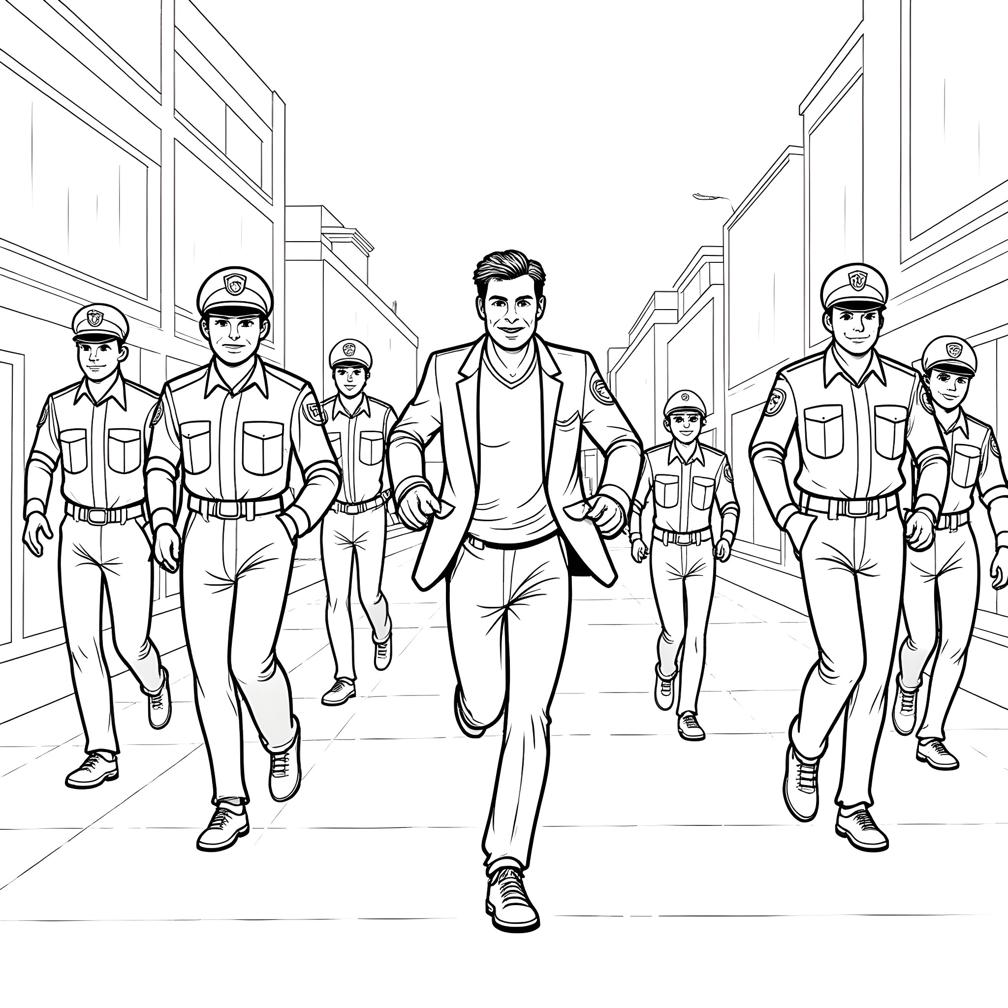Man leading police officers in uniform Coloring Page (free black-and-white line drawing printable PDF for all, from beginners to advanced learners, including children, teens, adults, and seniors)