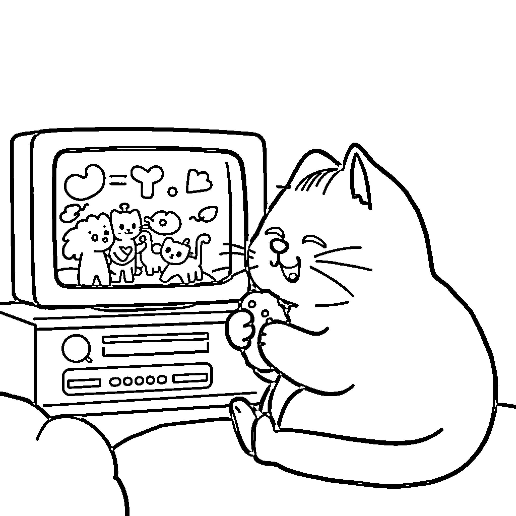 Pusheen watching cute characters on computer Coloring Page (free black-and-white line drawing printable PDF for all, from beginners to advanced learners, including children, teens, adults, and seniors)