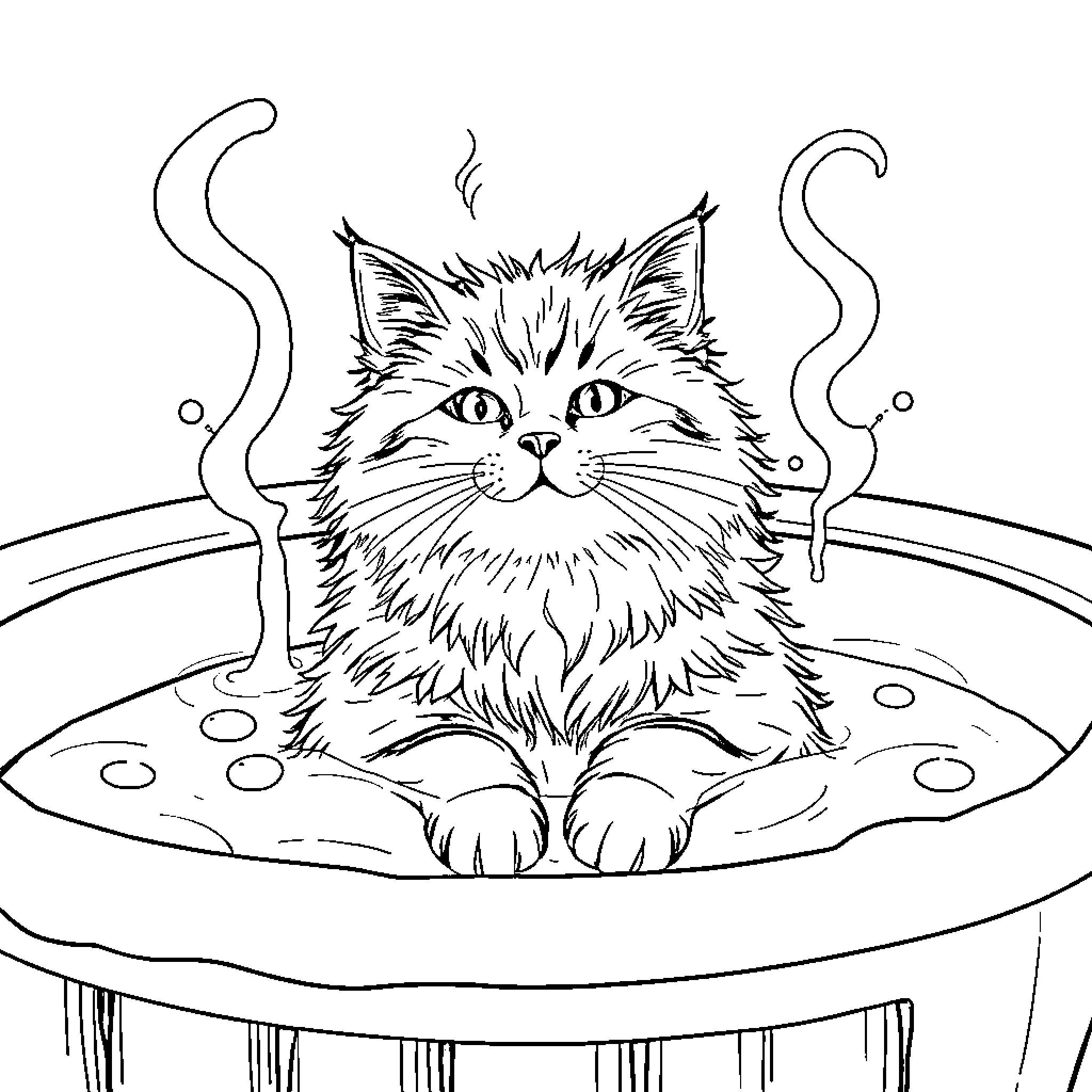 Cat relaxing in a cozy bath Coloring Page (free black-and-white line drawing printable PDF for all, from beginners to advanced learners, including children, teens, adults, and seniors)
