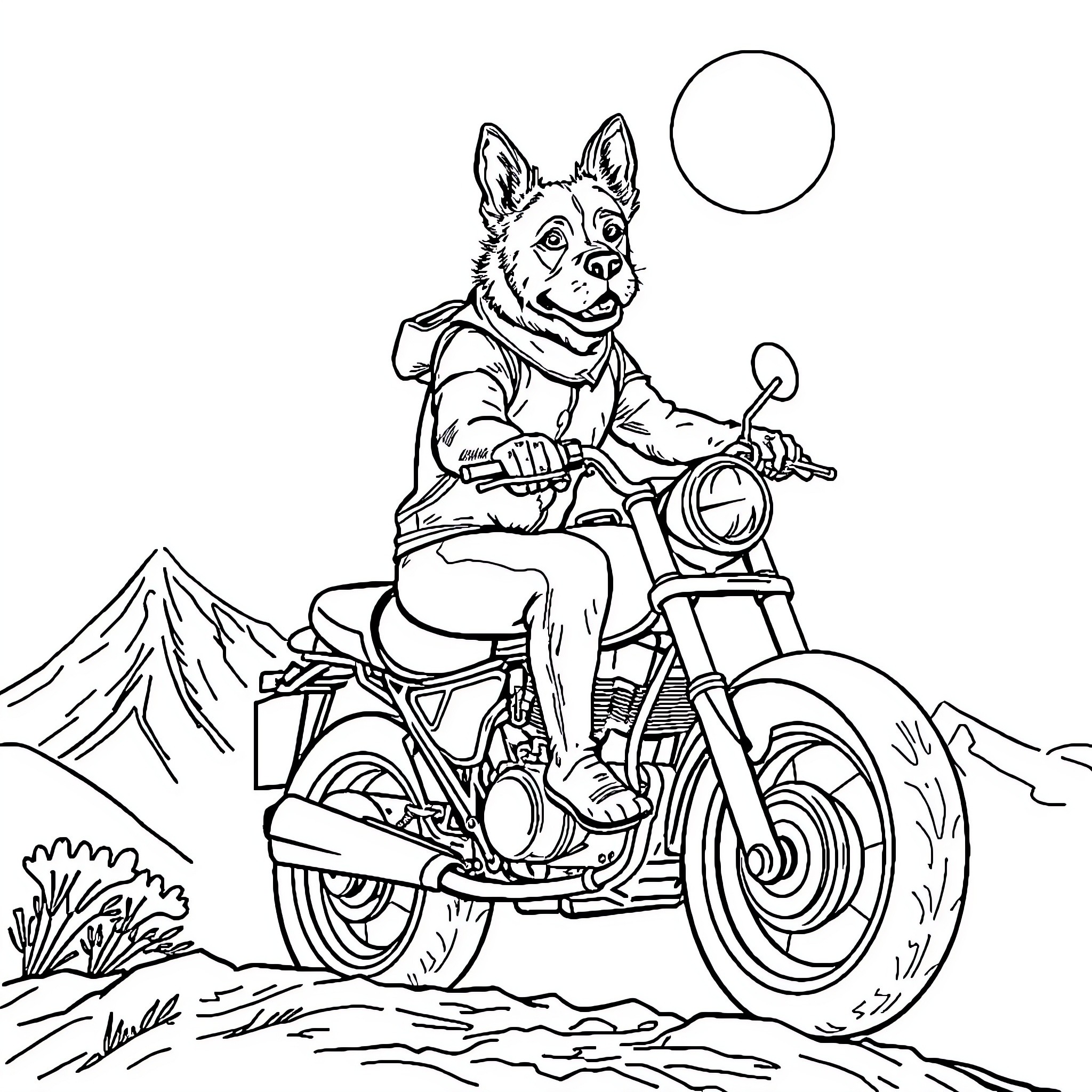 Perro riding motorcycle through scenic mountains Coloring Page (free black-and-white line drawing printable PDF for all, from beginners to advanced learners, including children, teens, adults, and seniors)