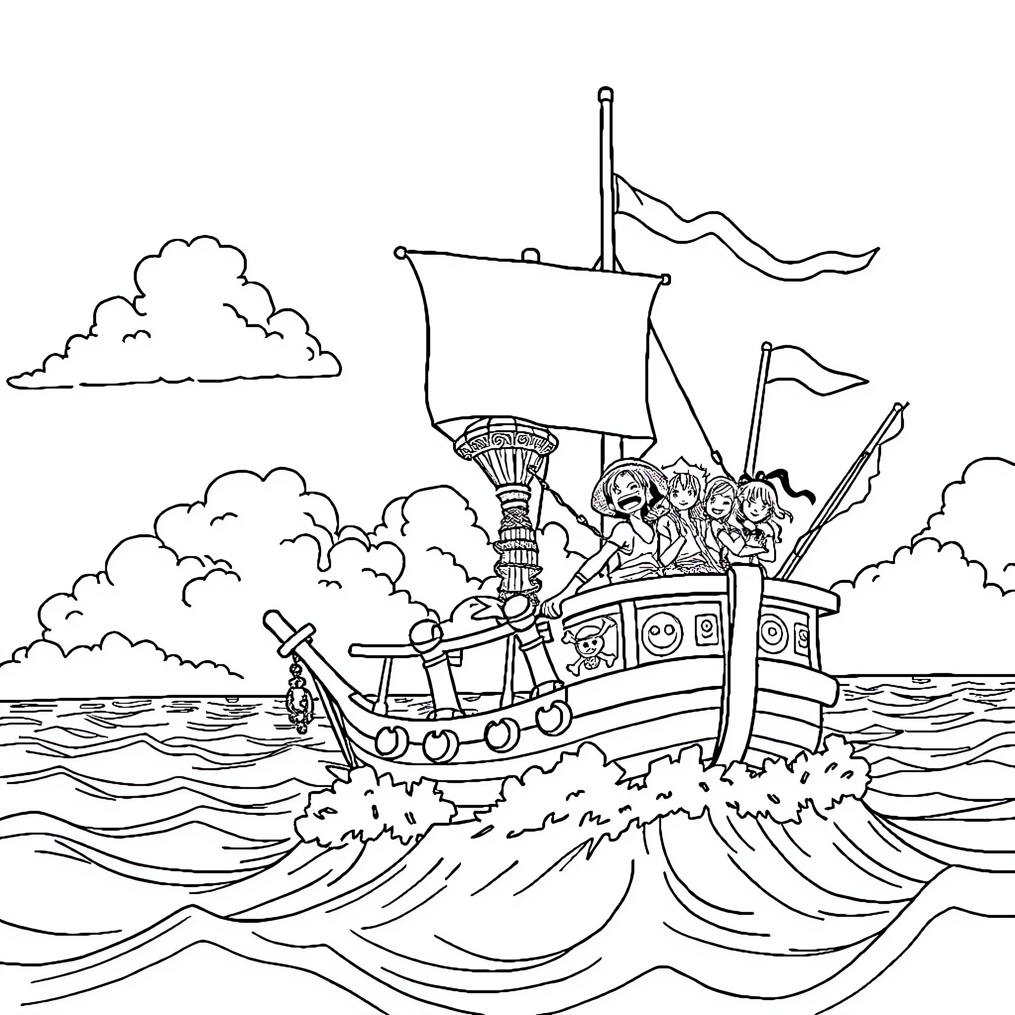 One Piece Ship Sailing on the High Seas Coloring Page (free black-and-white line drawing printable PDF for all, from beginners to advanced learners, including children, teens, adults, and seniors)