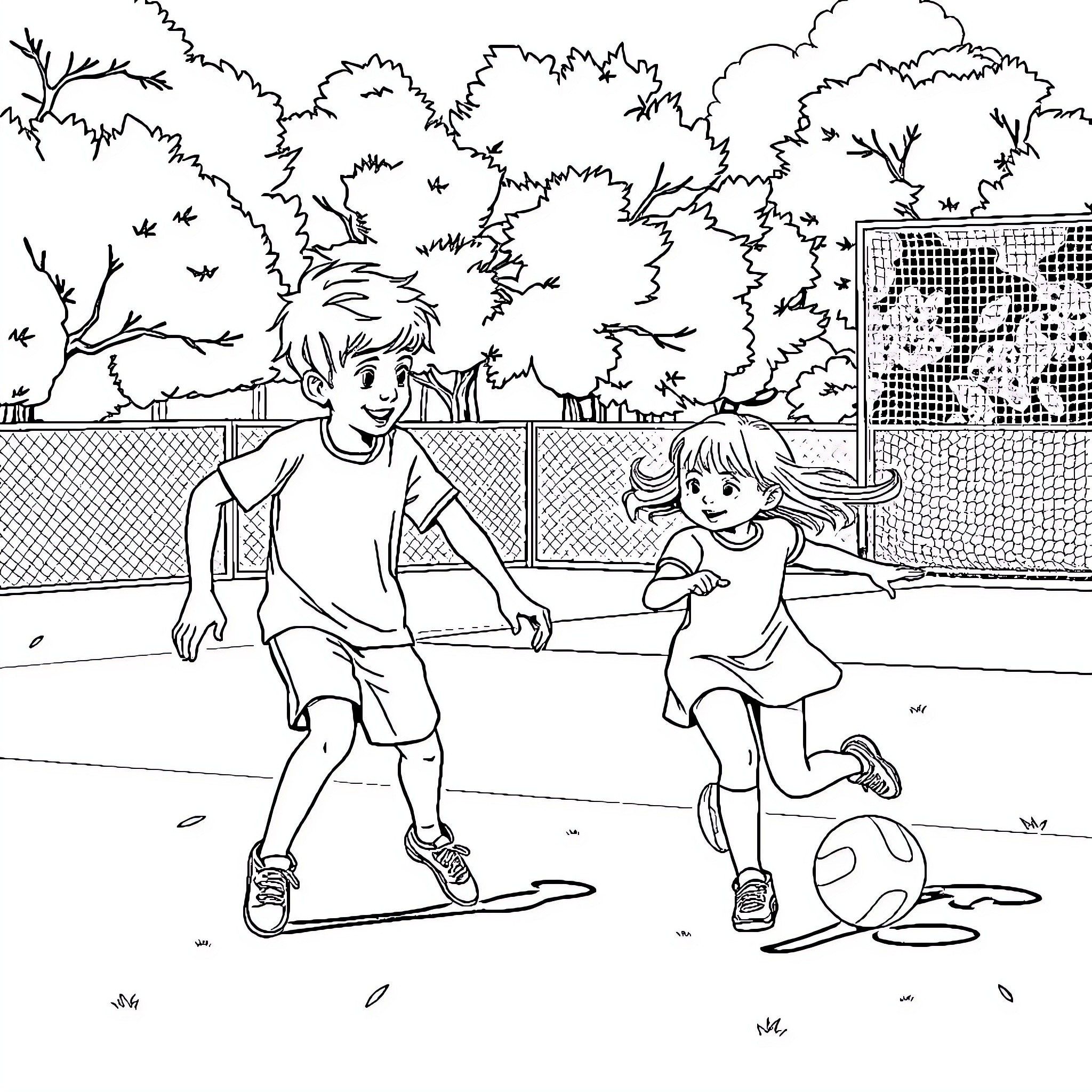 Handball game between happy young players Coloring Page (free black-and-white line drawing printable PDF for all, from beginners to advanced learners, including children, teens, adults, and seniors)