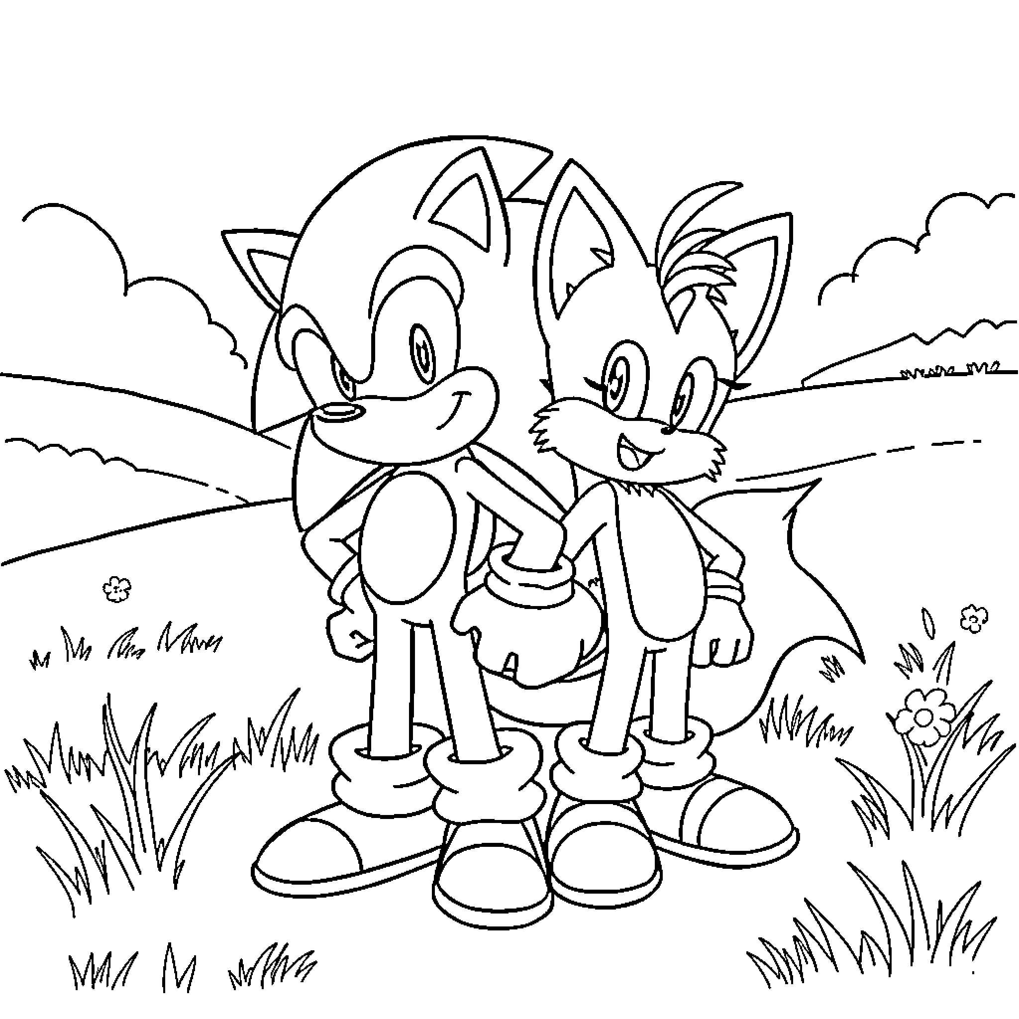 Sonic and Tails enjoying the outdoors Coloring Page (free black-and-white line drawing printable PDF for all, from beginners to advanced learners, including children, teens, adults, and seniors)