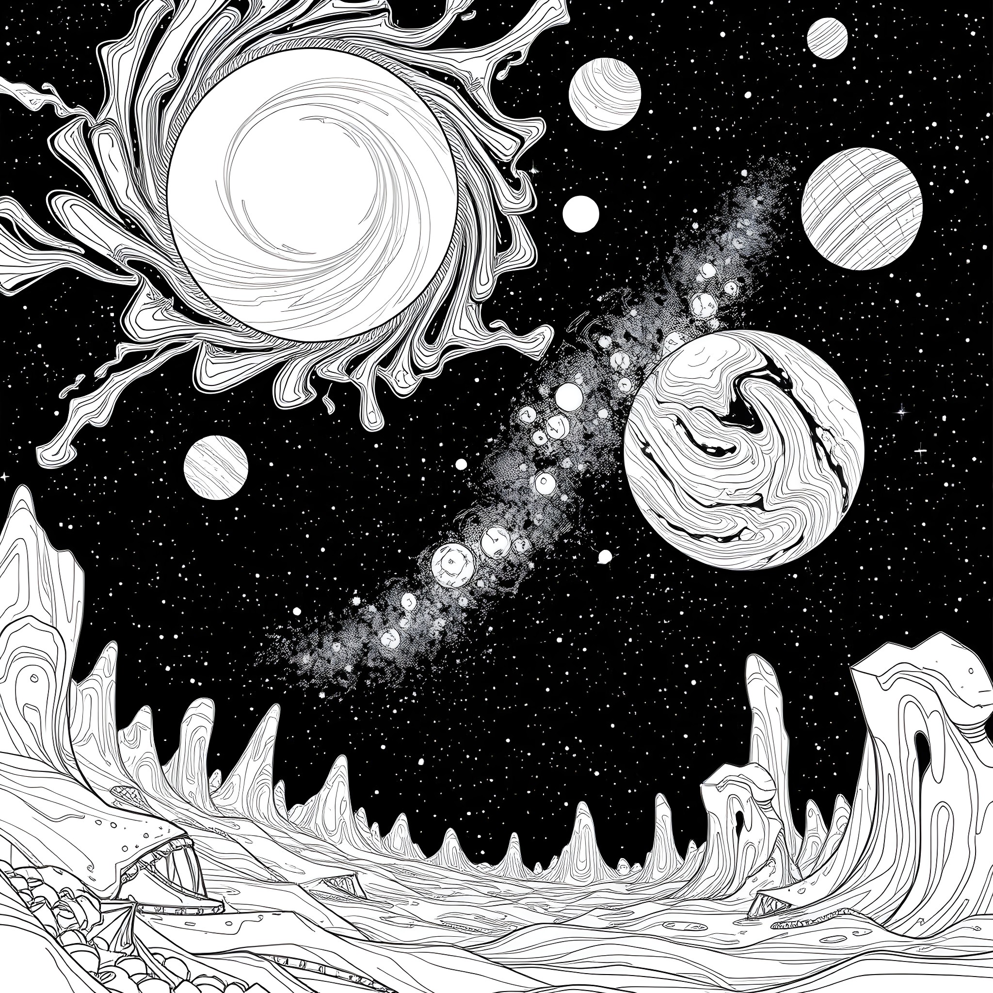 Space journey through cosmic swirls and planets Coloring Page (free black-and-white line drawing printable PDF for all, from beginners to advanced learners, including children, teens, adults, and seniors)
