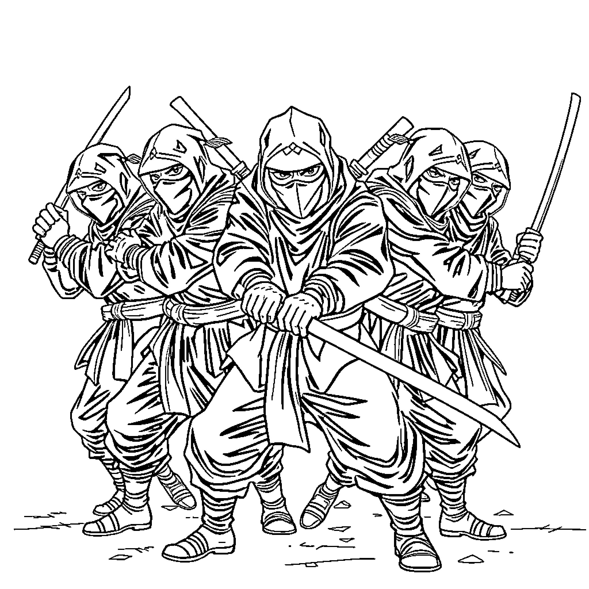 Ninja warriors in fierce battle formation Coloring Page (free black-and-white line drawing printable PDF for all, from beginners to advanced learners, including children, teens, adults, and seniors)