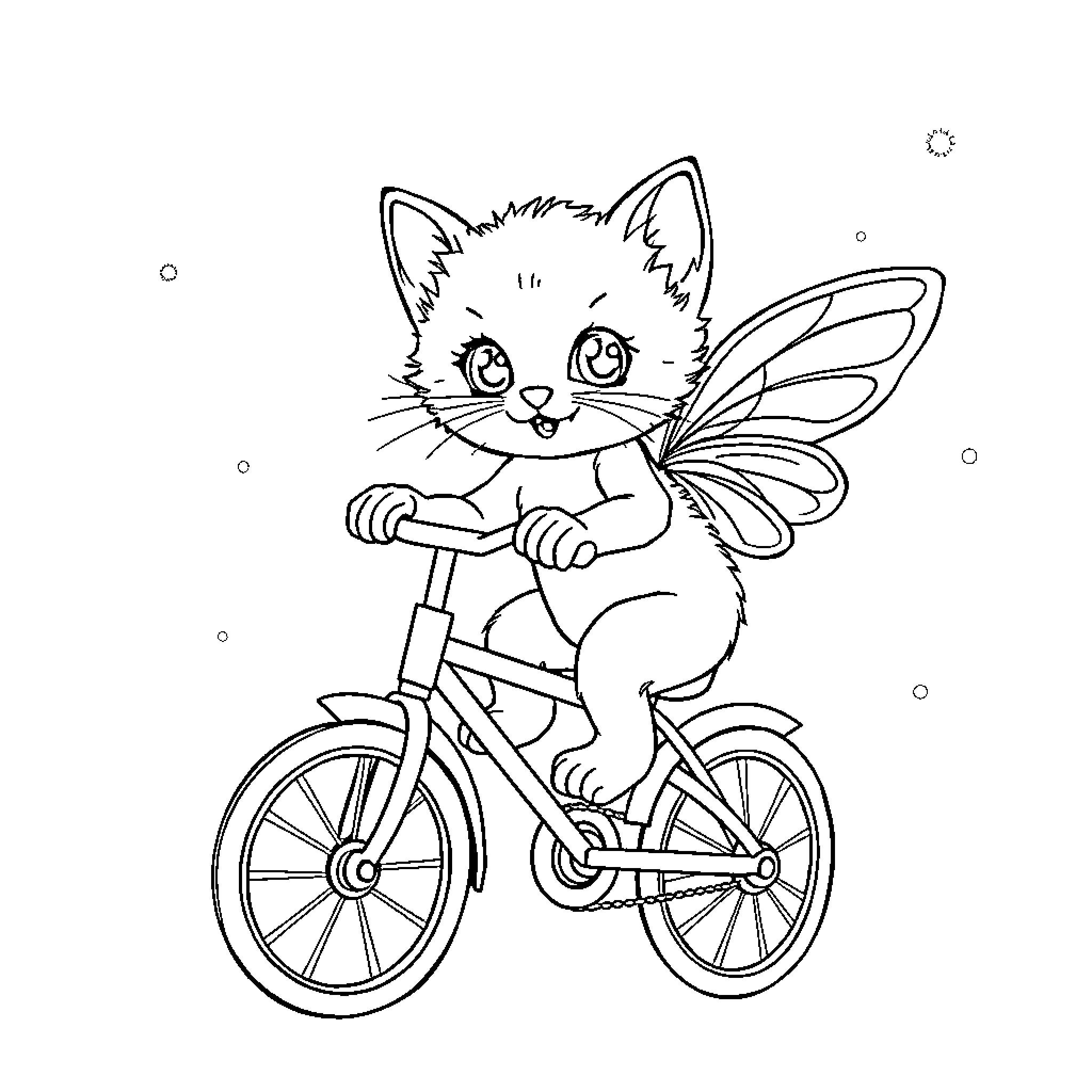 Kitten riding a bicycle with wings Coloring Page (free black-and-white line drawing printable PDF for all, from beginners to advanced learners, including children, teens, adults, and seniors)