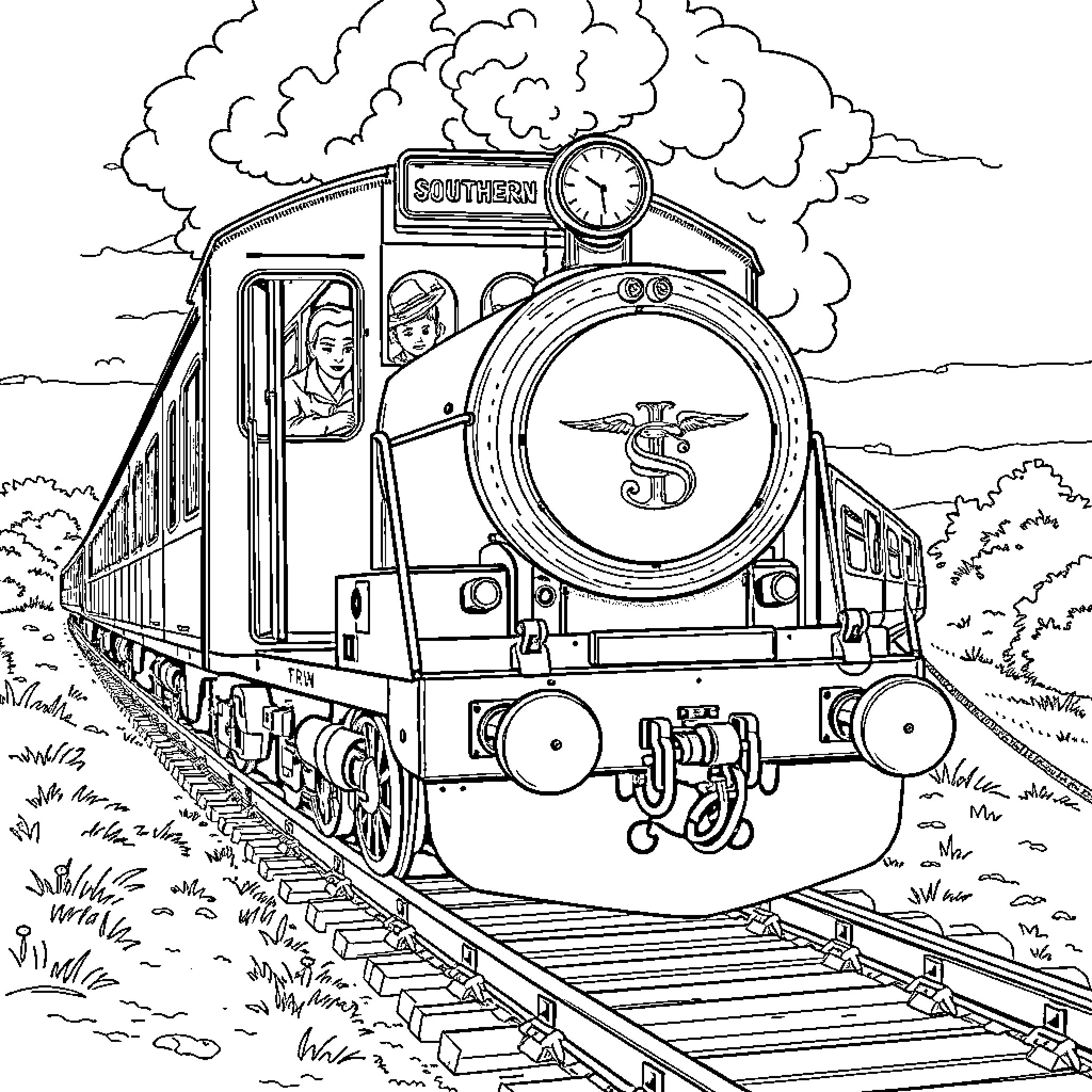 Train speeding through the countryside Coloring Page (free black-and-white line drawing printable PDF for all, from beginners to advanced learners, including children, teens, adults, and seniors)