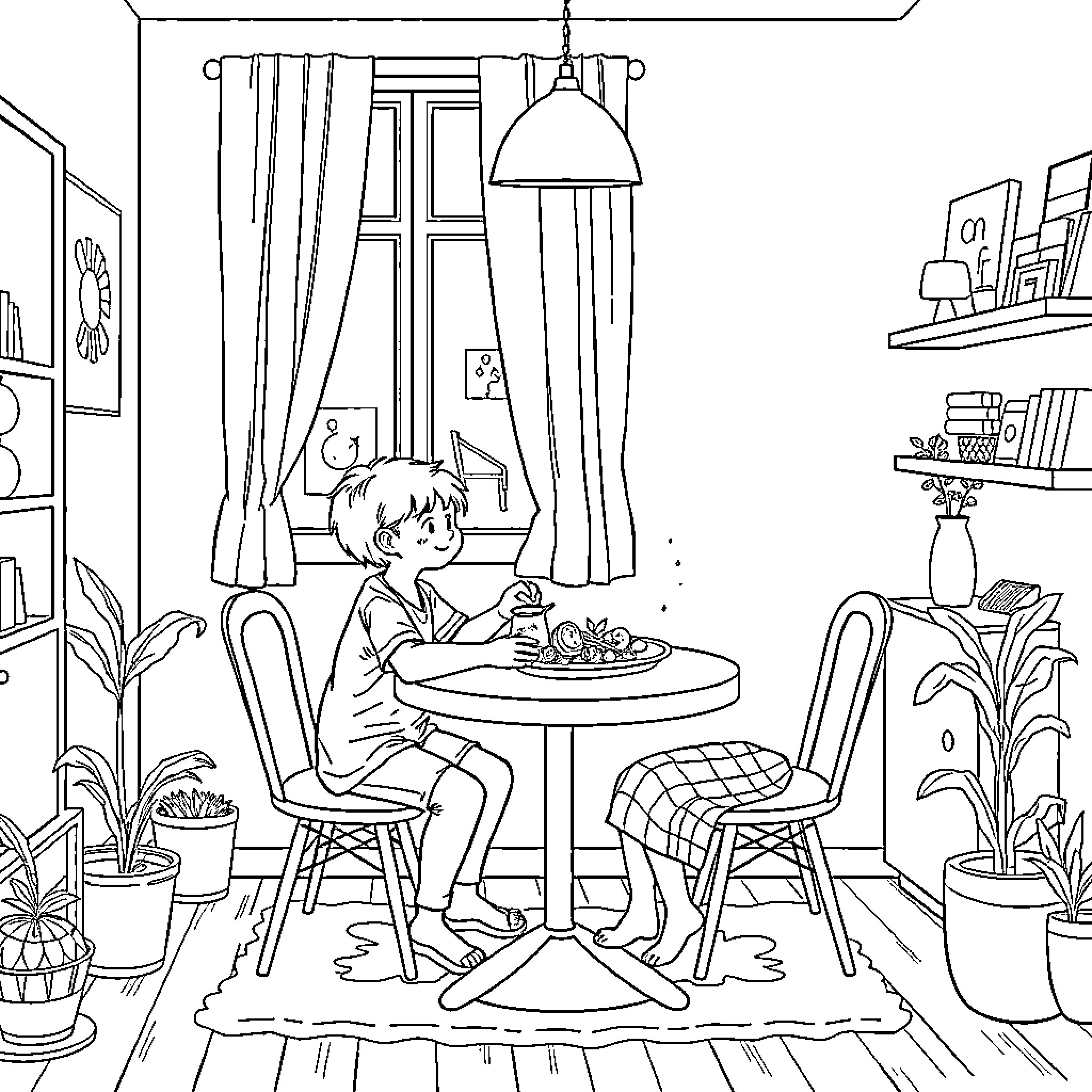 Mom enjoying a cozy breakfast in her home Coloring Page (free black-and-white line drawing printable PDF for all, from beginners to advanced learners, including children, teens, adults, and seniors)