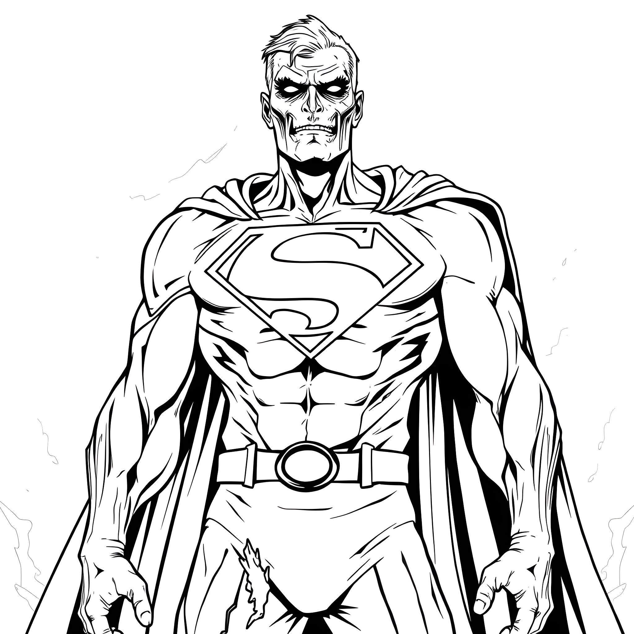 Zombie Superman in action pose Coloring Page (free black-and-white line drawing printable PDF for all, from beginners to advanced learners, including children, teens, adults, and seniors)