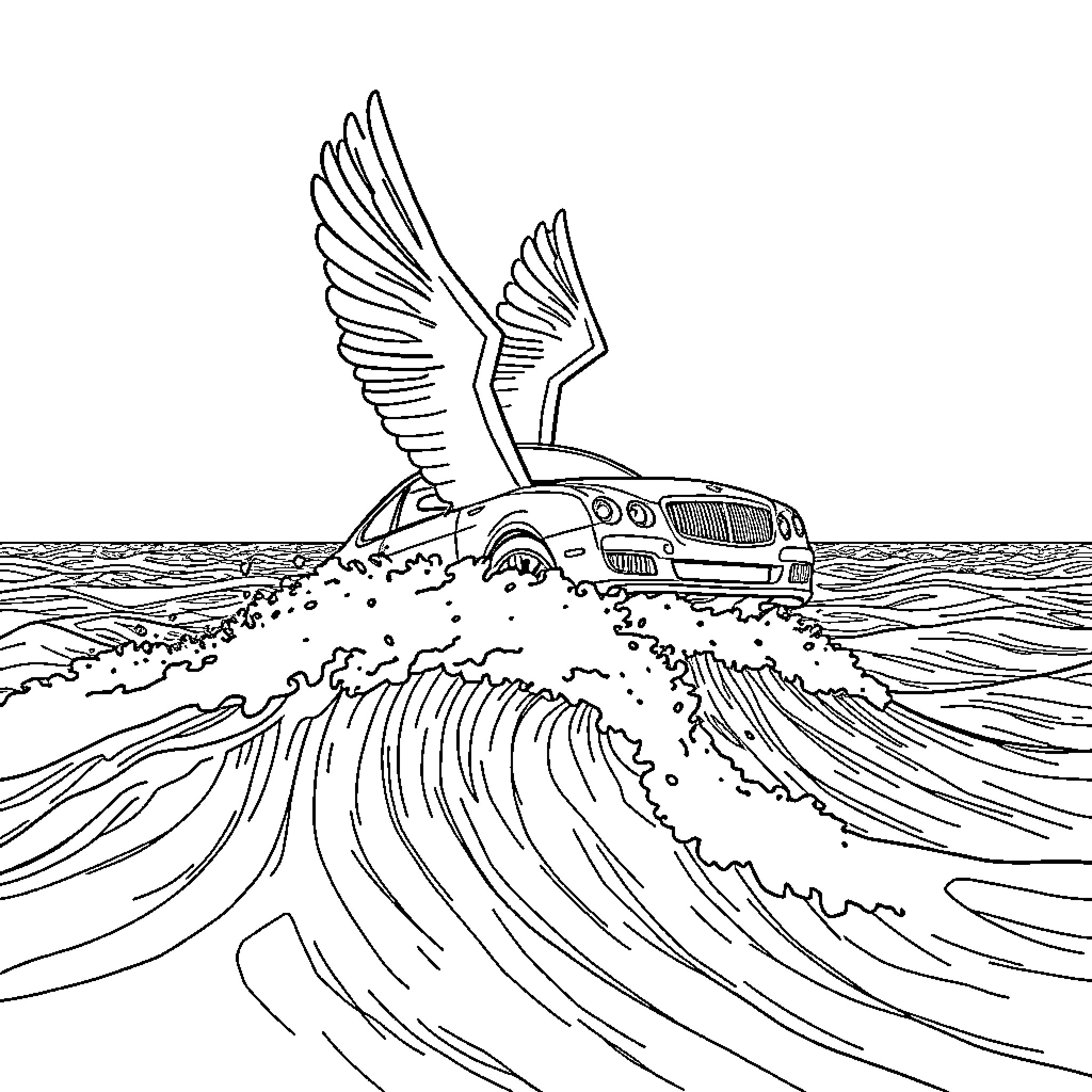 Flying Car Soaring Over Crashing Waves Coloring Page (free black-and-white line drawing printable PDF for all, from beginners to advanced learners, including children, teens, adults, and seniors)