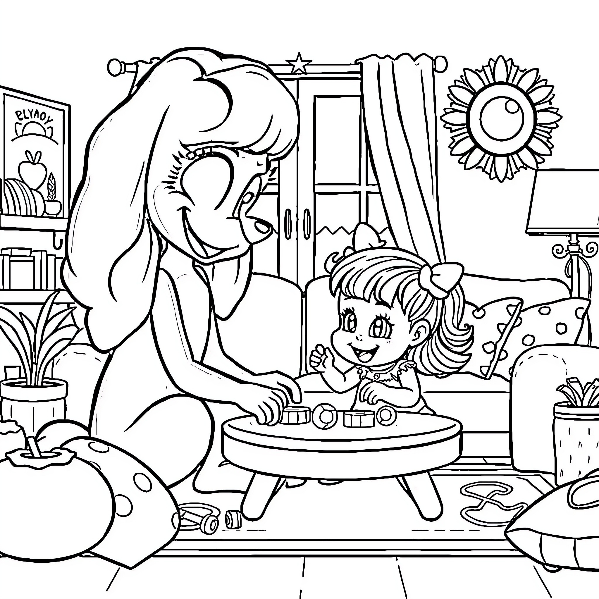 Bluey and Friend Playing in Cozy Room Coloring Page (free black-and-white line drawing printable PDF for all, from beginners to advanced learners, including children, teens, adults, and seniors)