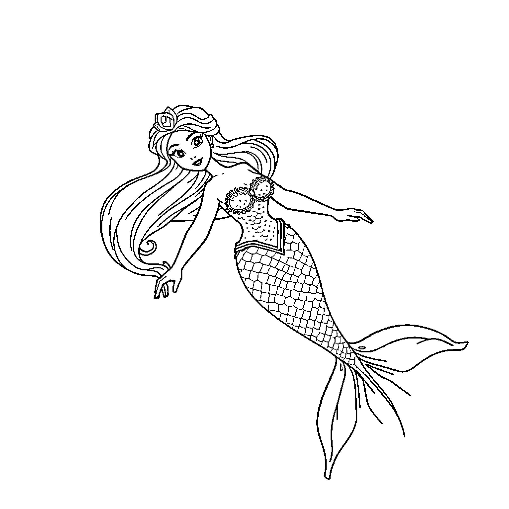 Elsa the Mermaid Swimming Gracefully Coloring Page (free black-and-white line drawing printable PDF for all, from beginners to advanced learners, including children, teens, adults, and seniors)