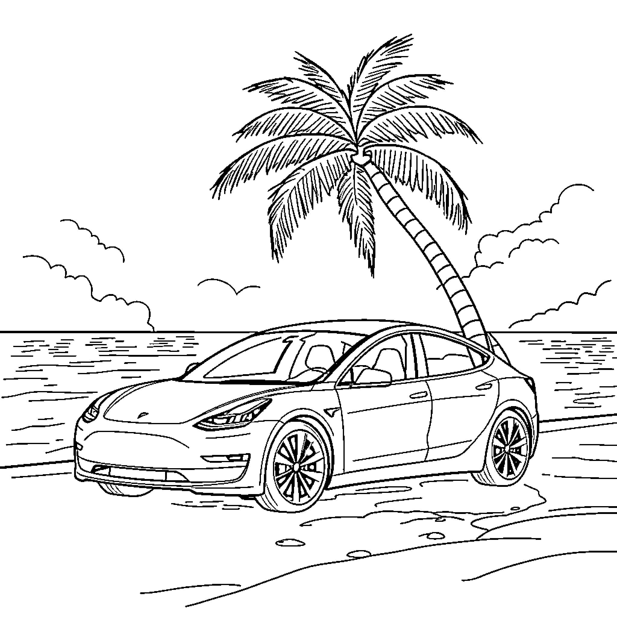 Tesla electric car on a tropical beach Coloring Page (free black-and-white line drawing printable PDF for all, from beginners to advanced learners, including children, teens, adults, and seniors)