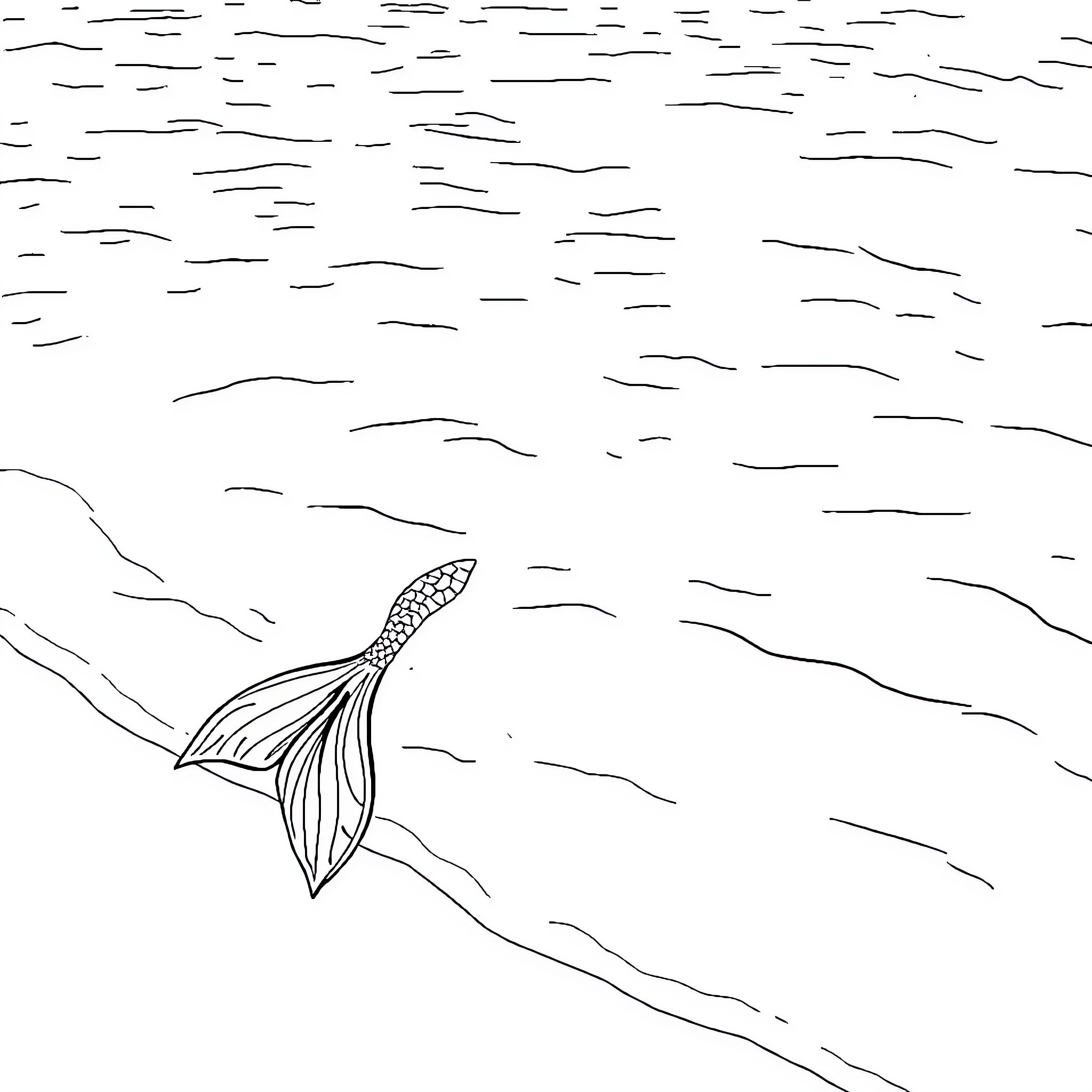 Mermaid's tail emerges from the sea Coloring Page (free black-and-white line drawing printable PDF for all, from beginners to advanced learners, including children, teens, adults, and seniors)