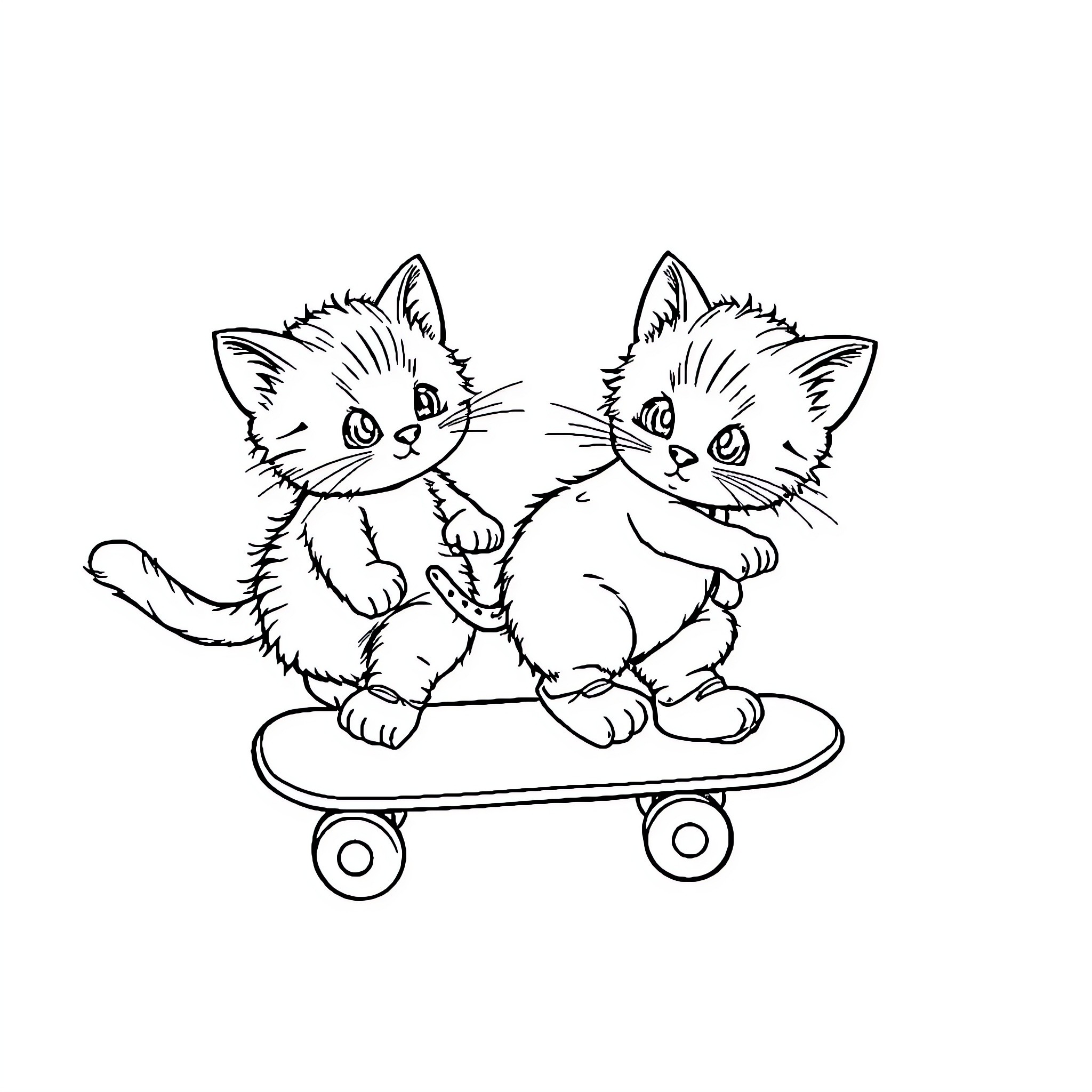 Kittens riding a skateboard Coloring Page (free black-and-white line drawing printable PDF for all, from beginners to advanced learners, including children, teens, adults, and seniors)