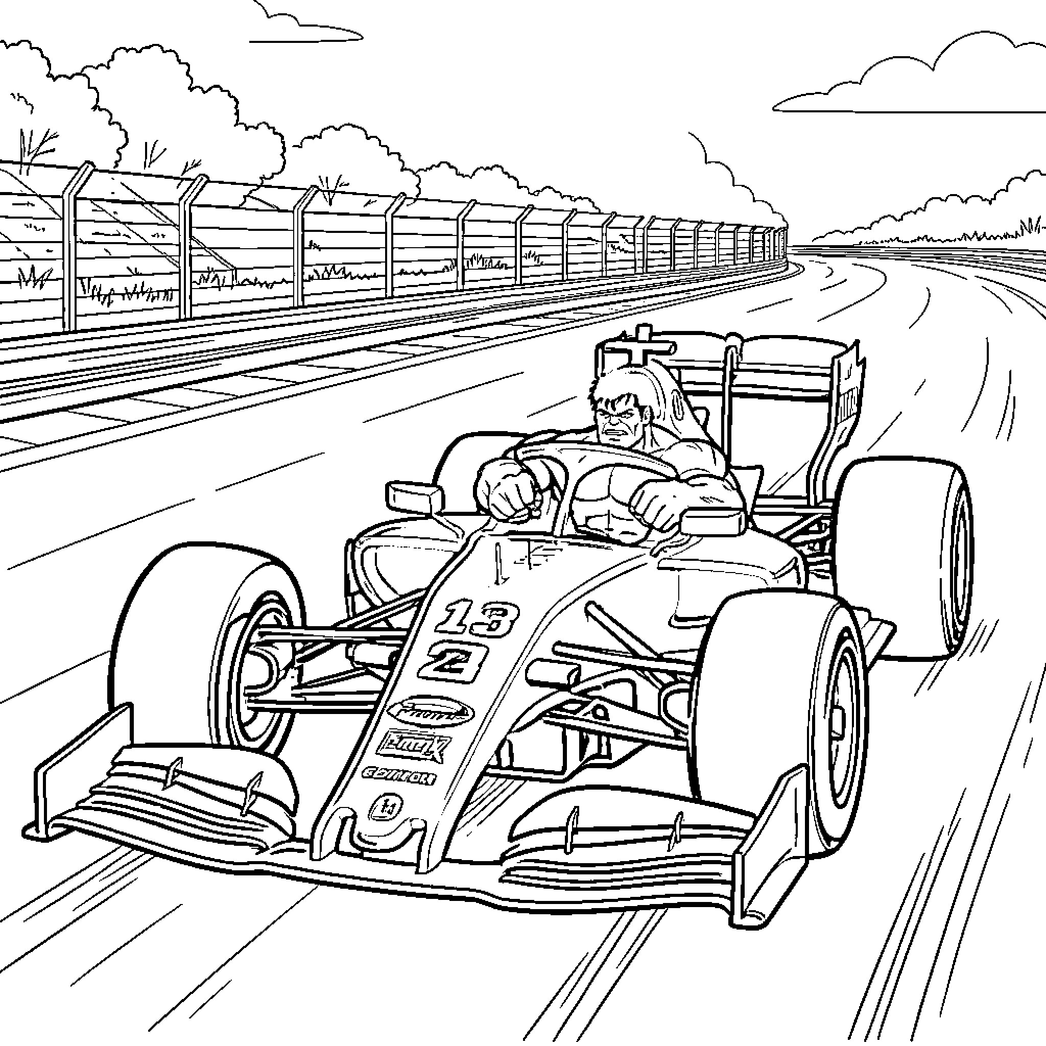 Hulk Races Powerful Formula 1 Car on Winding Track Coloring Page (free black-and-white line drawing printable PDF for all, from beginners to advanced learners, including children, teens, adults, and seniors)