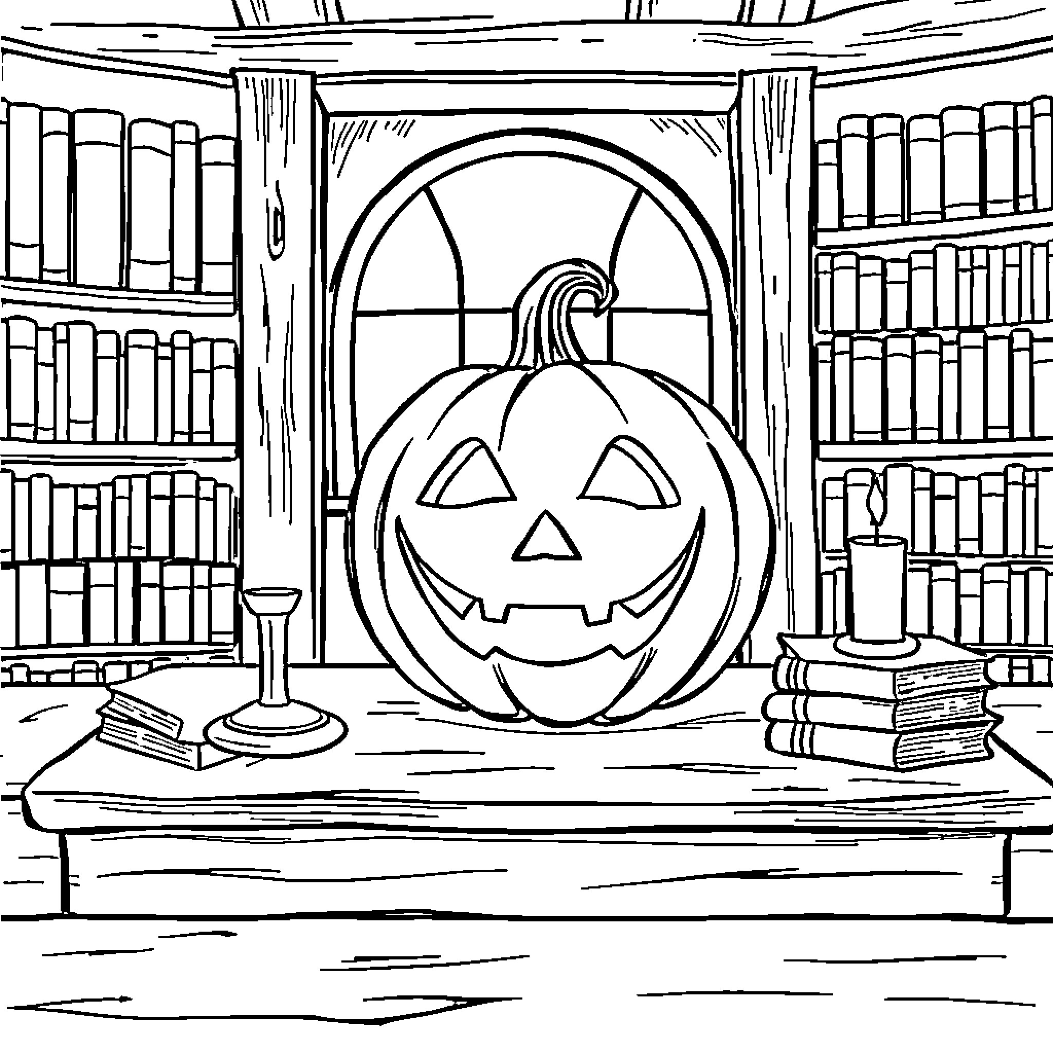 Jack-o'-lantern in a cozy library Coloring Page (free black-and-white line drawing printable PDF for all, from beginners to advanced learners, including children, teens, adults, and seniors)