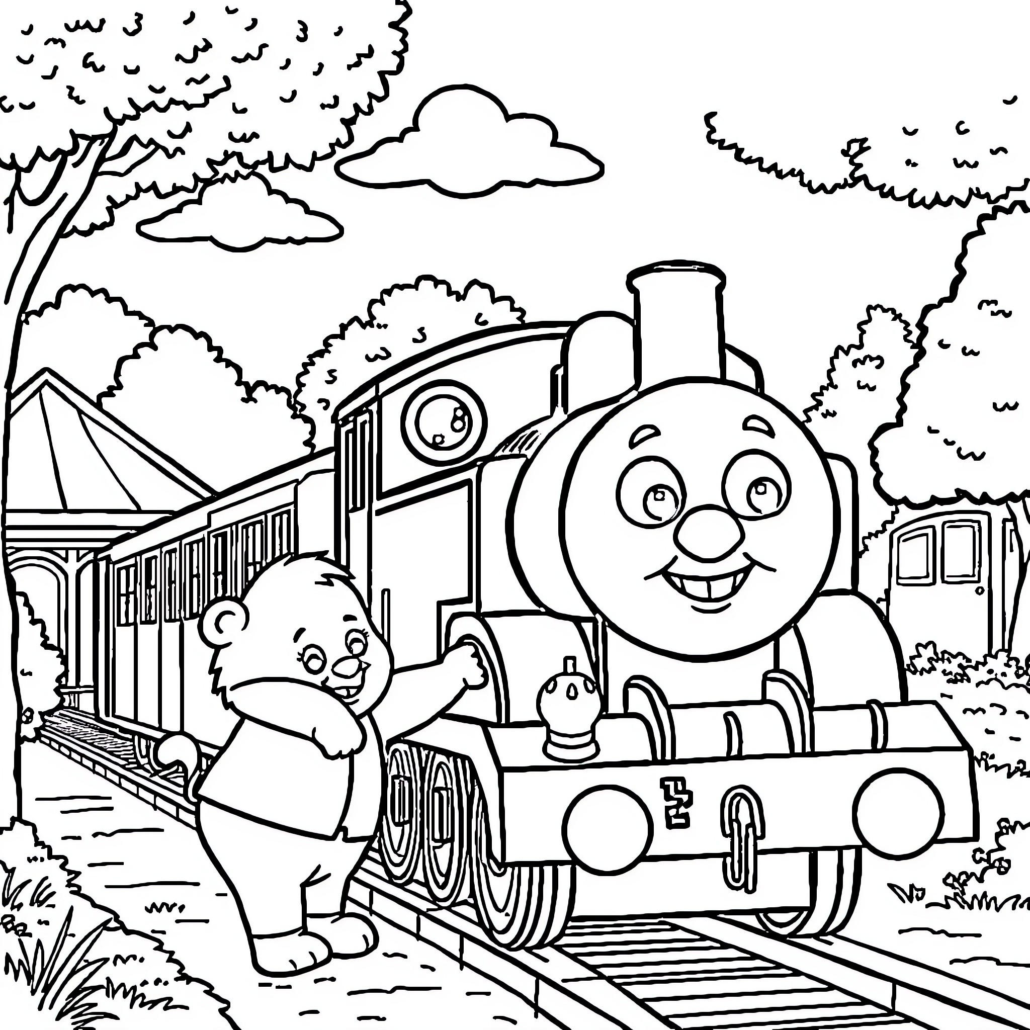 Daniel Tiger and friends riding the train Coloring Page (free black-and-white line drawing printable PDF for all, from beginners to advanced learners, including children, teens, adults, and seniors)