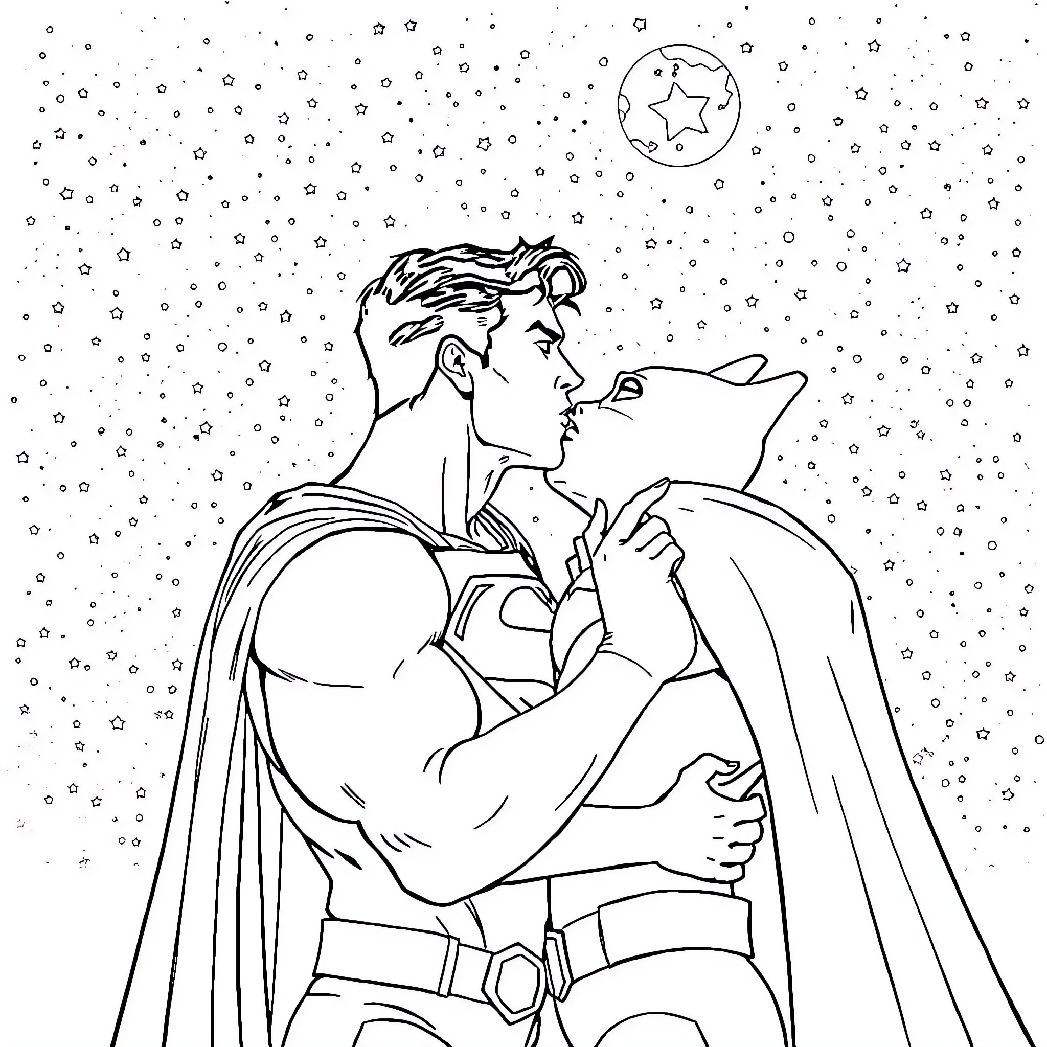 Superman saving citizen in snowy night Coloring Page (free black-and-white line drawing printable PDF for all, from beginners to advanced learners, including children, teens, adults, and seniors)