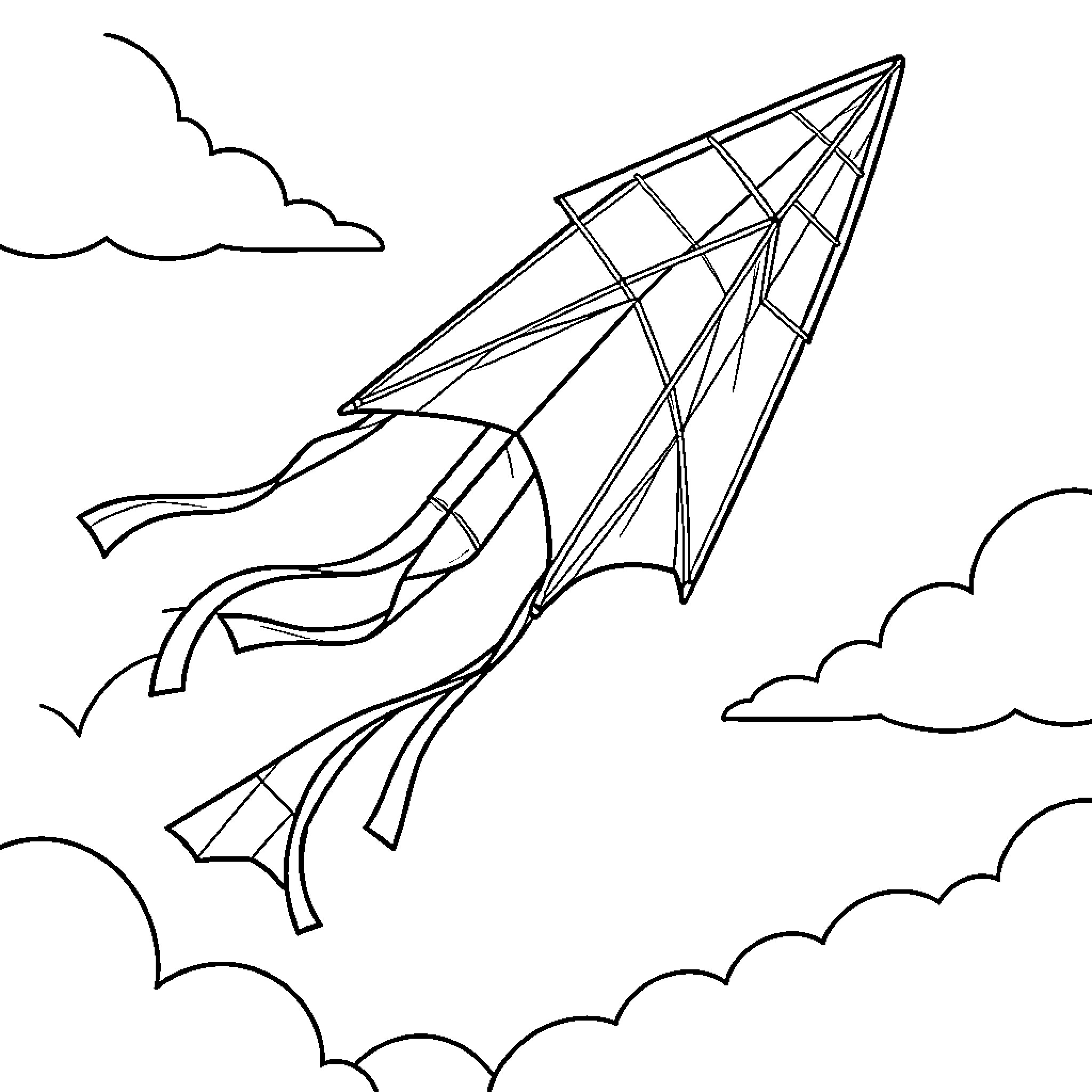 Cerf Volant flying high among the clouds Coloring Page (free black-and-white line drawing printable PDF for all, from beginners to advanced learners, including children, teens, adults, and seniors)