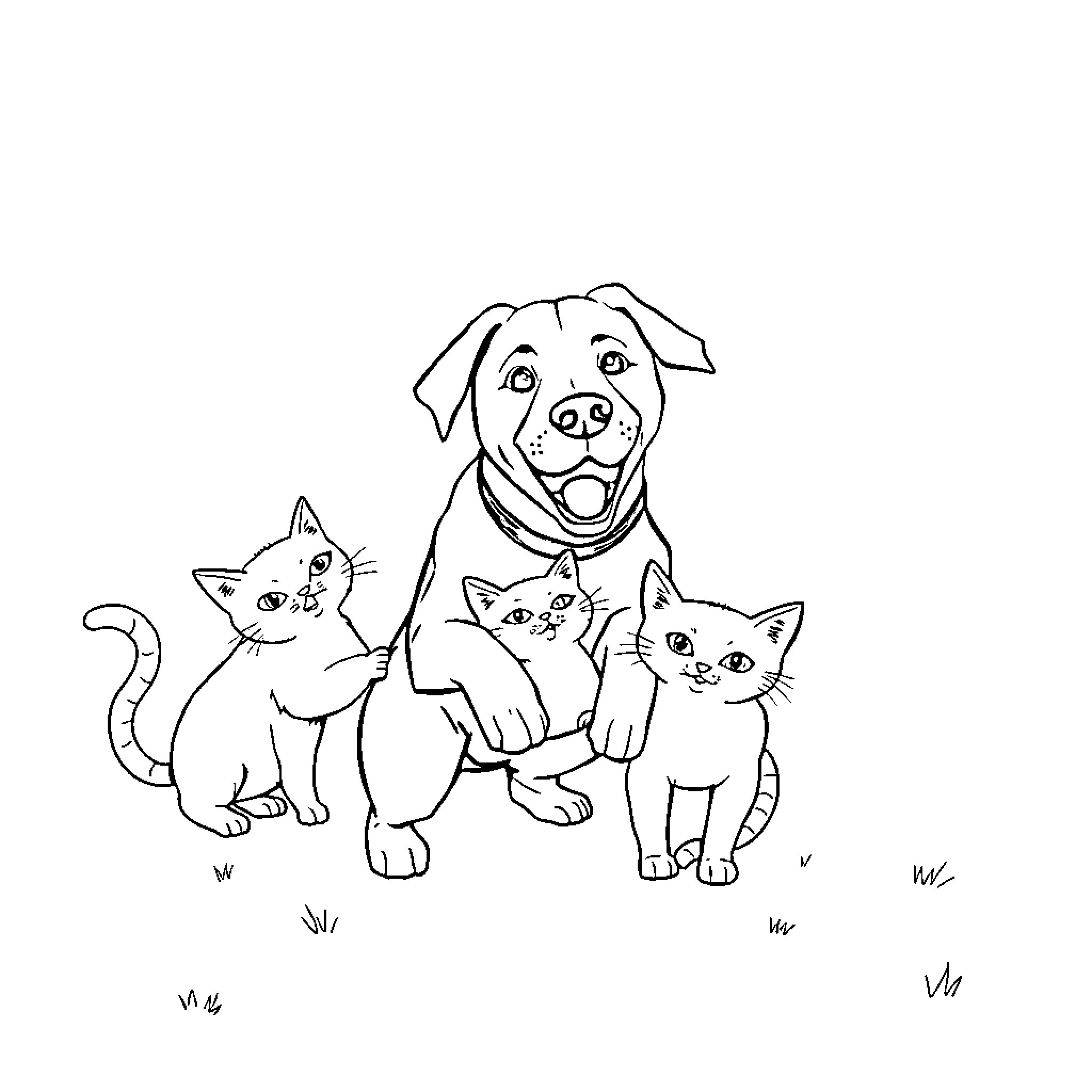 Dog surrounded by playful kittens Coloring Page (free black-and-white line drawing printable PDF for all, from beginners to advanced learners, including children, teens, adults, and seniors)