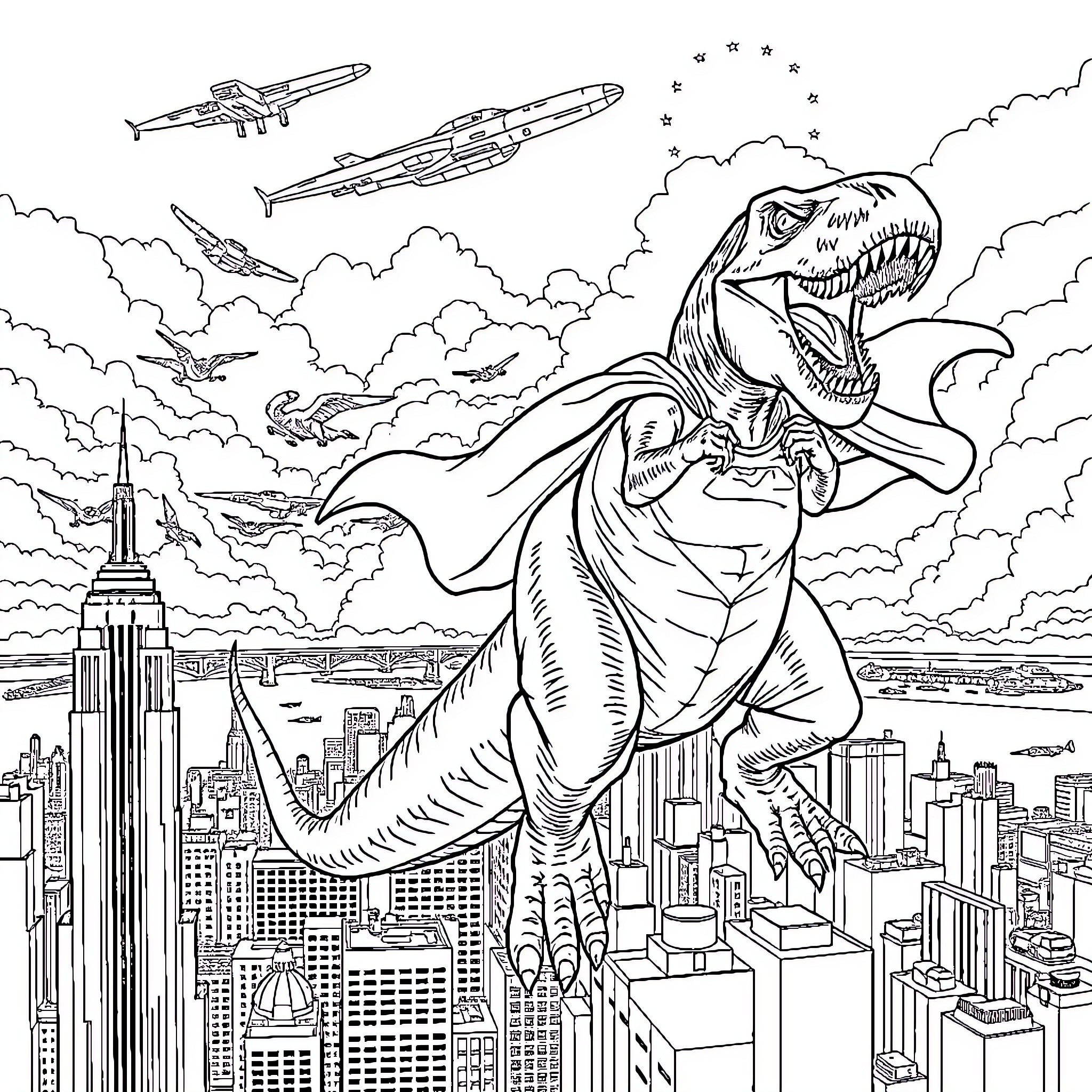 T-Rex Rampaging Through a Futuristic City Coloring Page (free black-and-white line drawing printable PDF for all, from beginners to advanced learners, including children, teens, adults, and seniors)