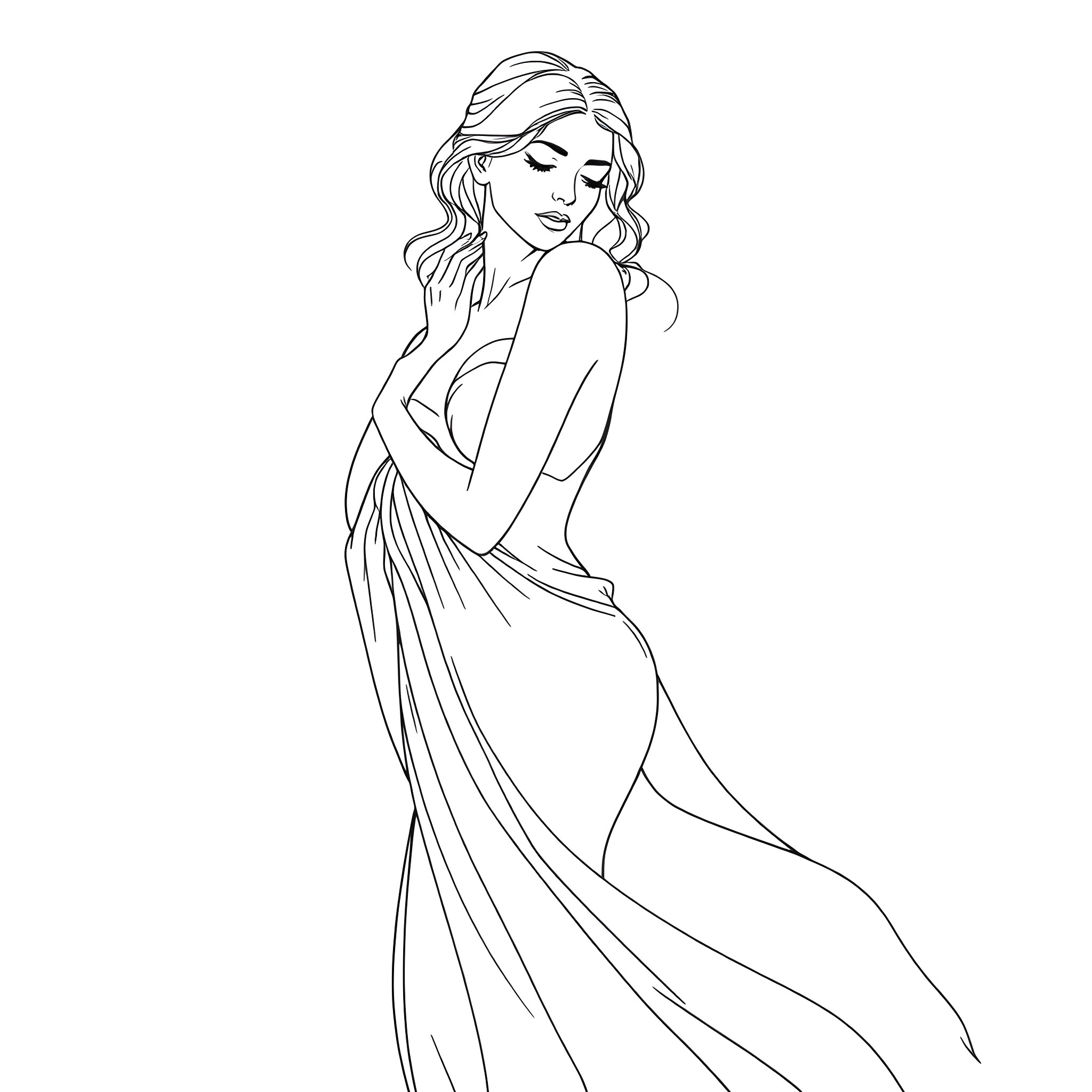 Woman in flowing dress with graceful pose Coloring Page (free black-and-white line drawing printable PDF for all, from beginners to advanced learners, including children, teens, adults, and seniors)