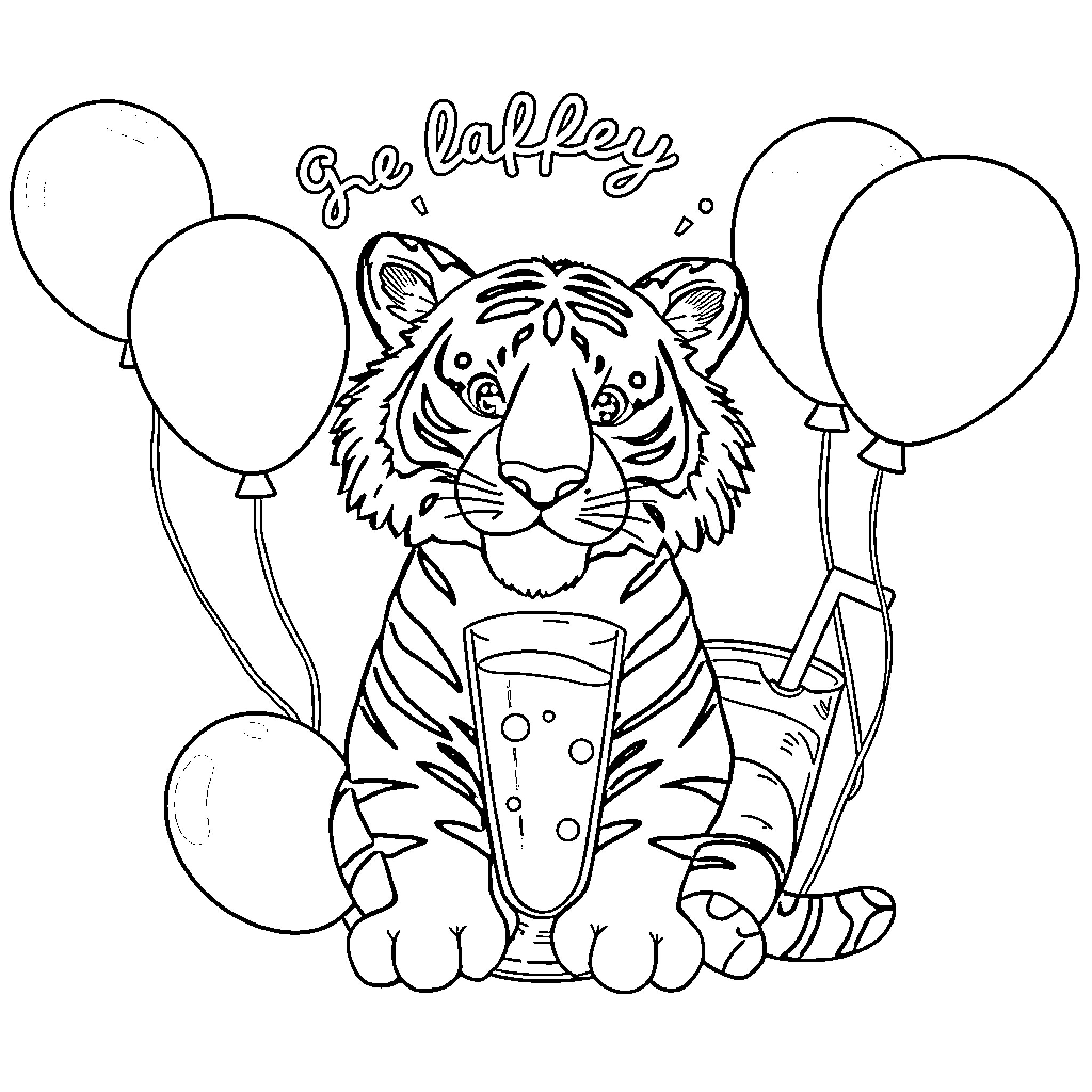 Tiger celebrating with balloons Coloring Page (free black-and-white line drawing printable PDF for all, from beginners to advanced learners, including children, teens, adults, and seniors)