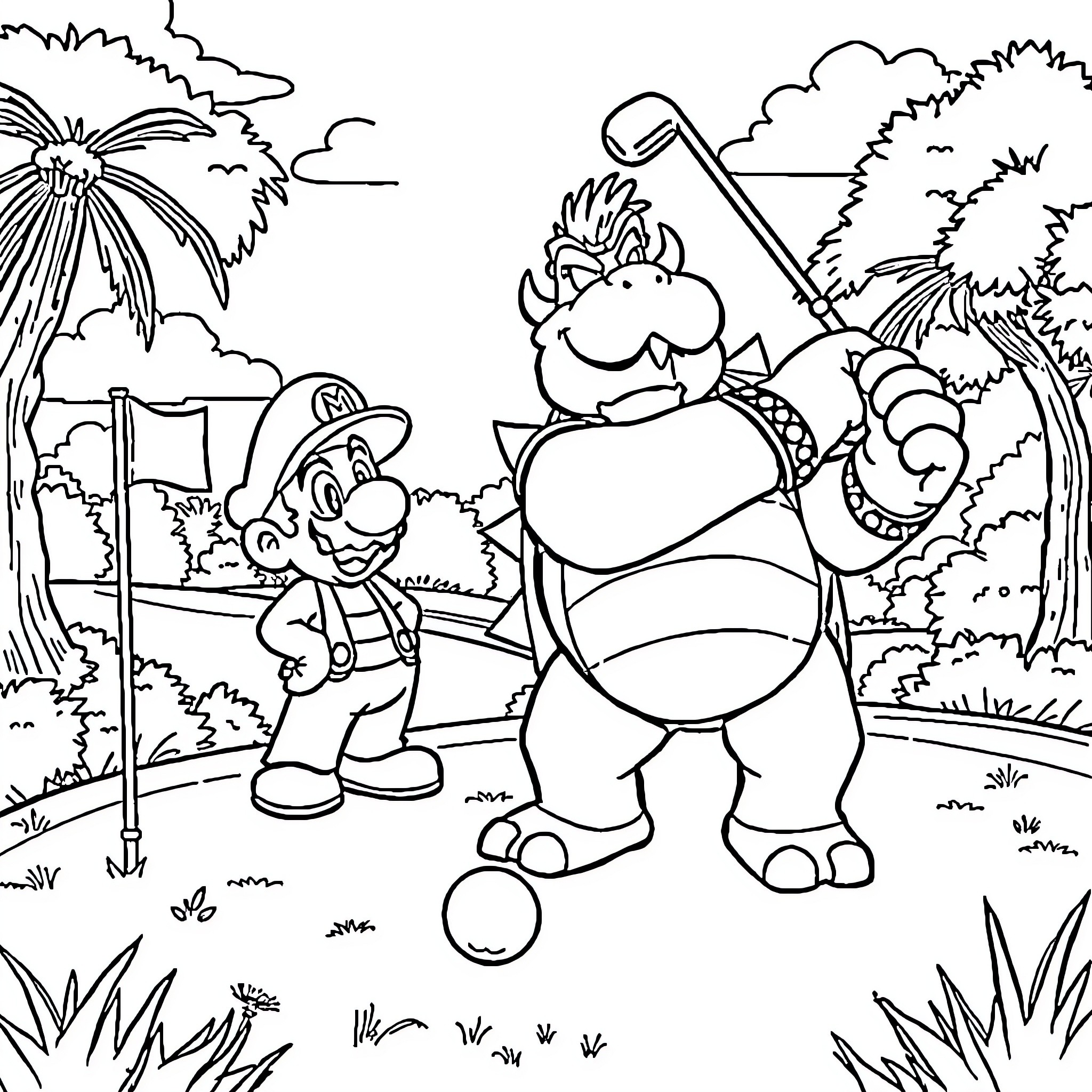 Bowser and Mario exploring the tropical landscape Coloring Page (free black-and-white line drawing printable PDF for all, from beginners to advanced learners, including children, teens, adults, and seniors)