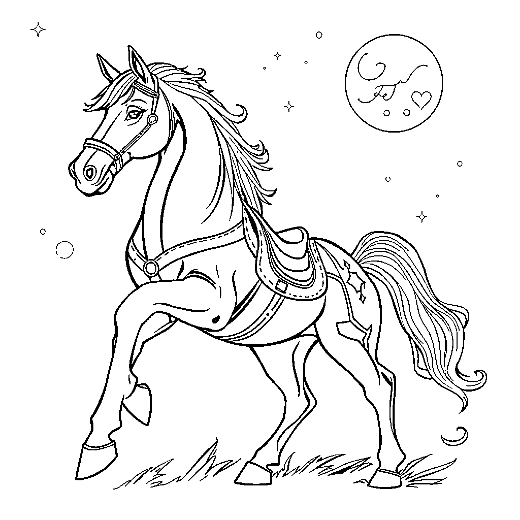 Horse Ship Sailing Under the Starry Night Sky Coloring Page (free black-and-white line drawing printable PDF for all, from beginners to advanced learners, including children, teens, adults, and seniors)