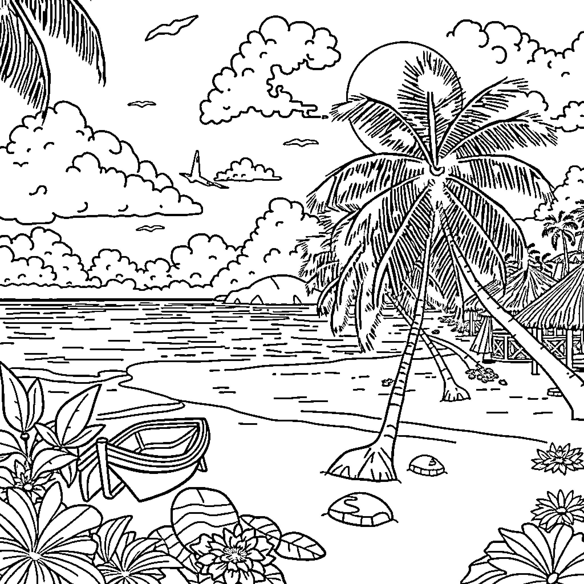 Beach scene with palm trees and boats Coloring Page (free black-and-white line drawing printable PDF for all, from beginners to advanced learners, including children, teens, adults, and seniors)