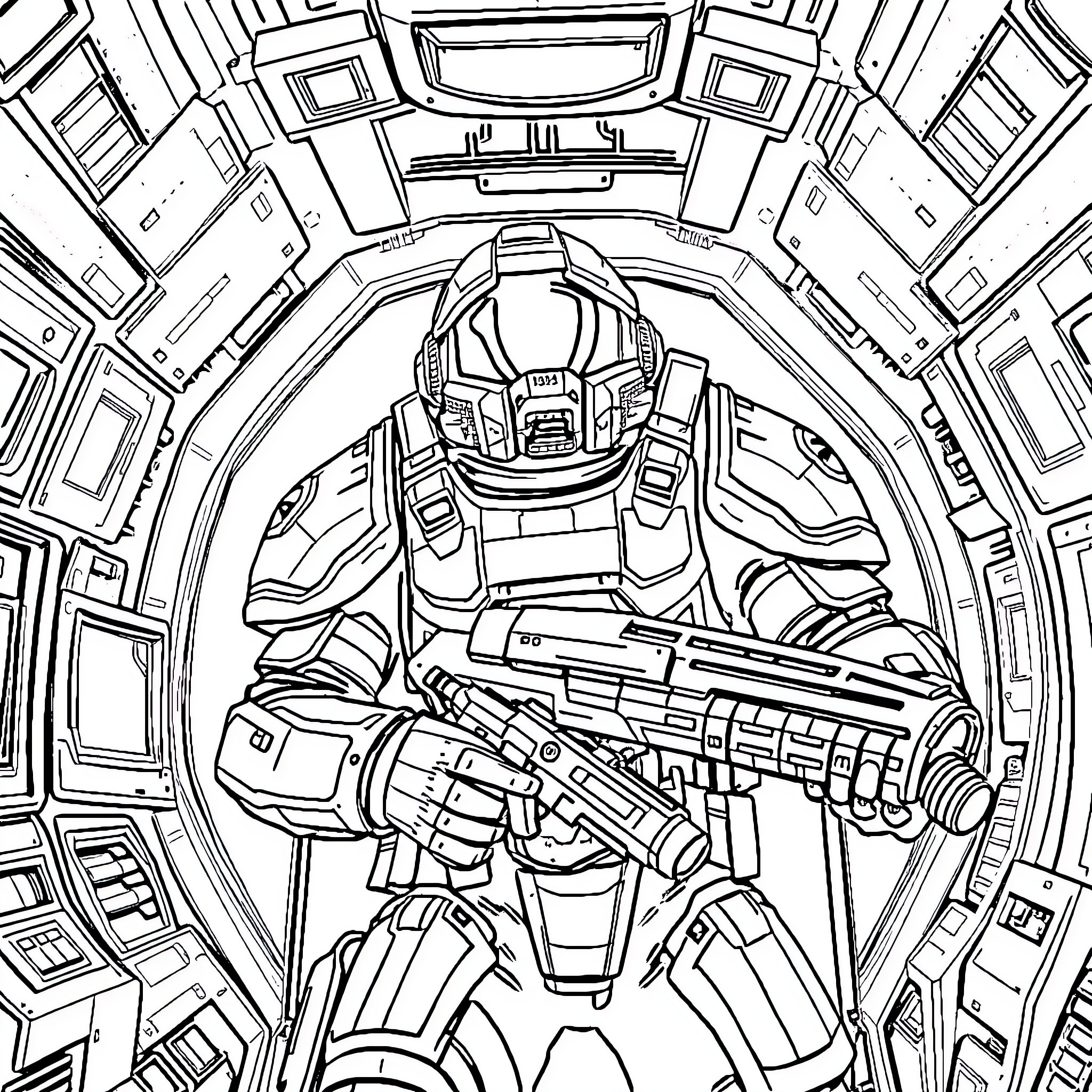 Space Marine Stands Armed and Vigilant in Futuristic Sci-Fi Vessel Coloring Page (free black-and-white line drawing printable PDF for all, from beginners to advanced learners, including children, teens, adults, and seniors)