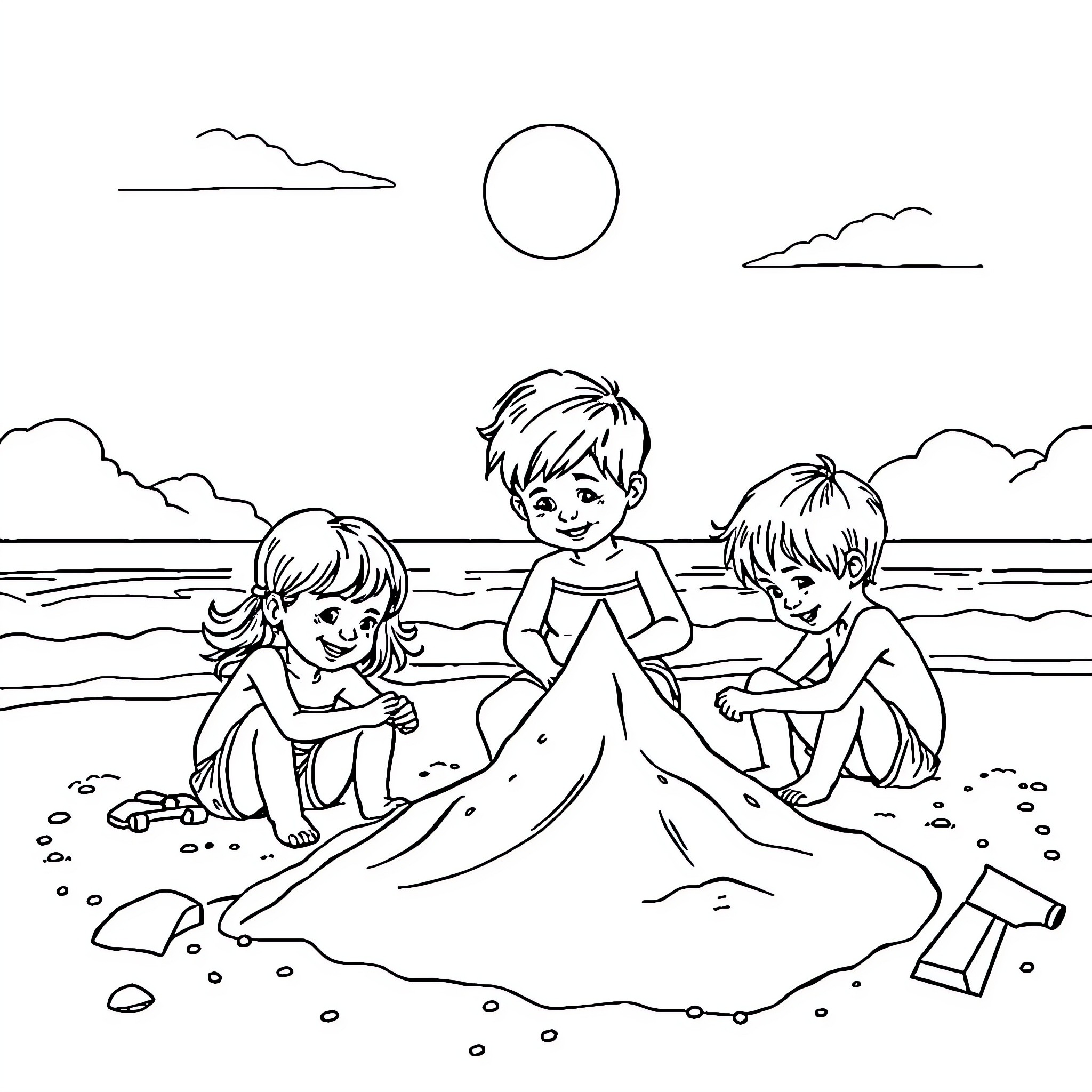 Kid playing with friends on the beach Coloring Page (free black-and-white line drawing printable PDF for all, from beginners to advanced learners, including children, teens, adults, and seniors)