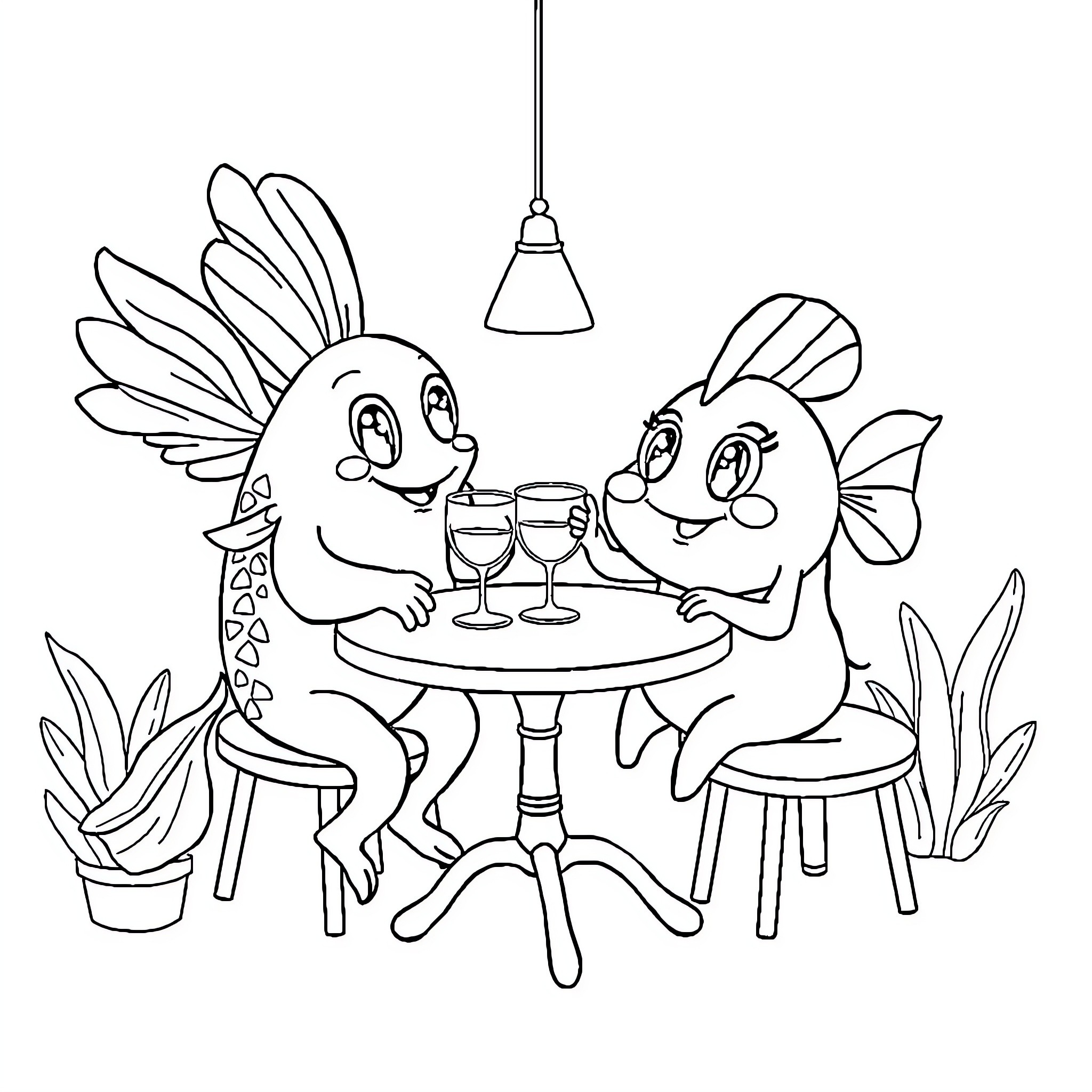 Dindon dining friends enjoy wine and company Coloring Page (free black-and-white line drawing printable PDF for all, from beginners to advanced learners, including children, teens, adults, and seniors)