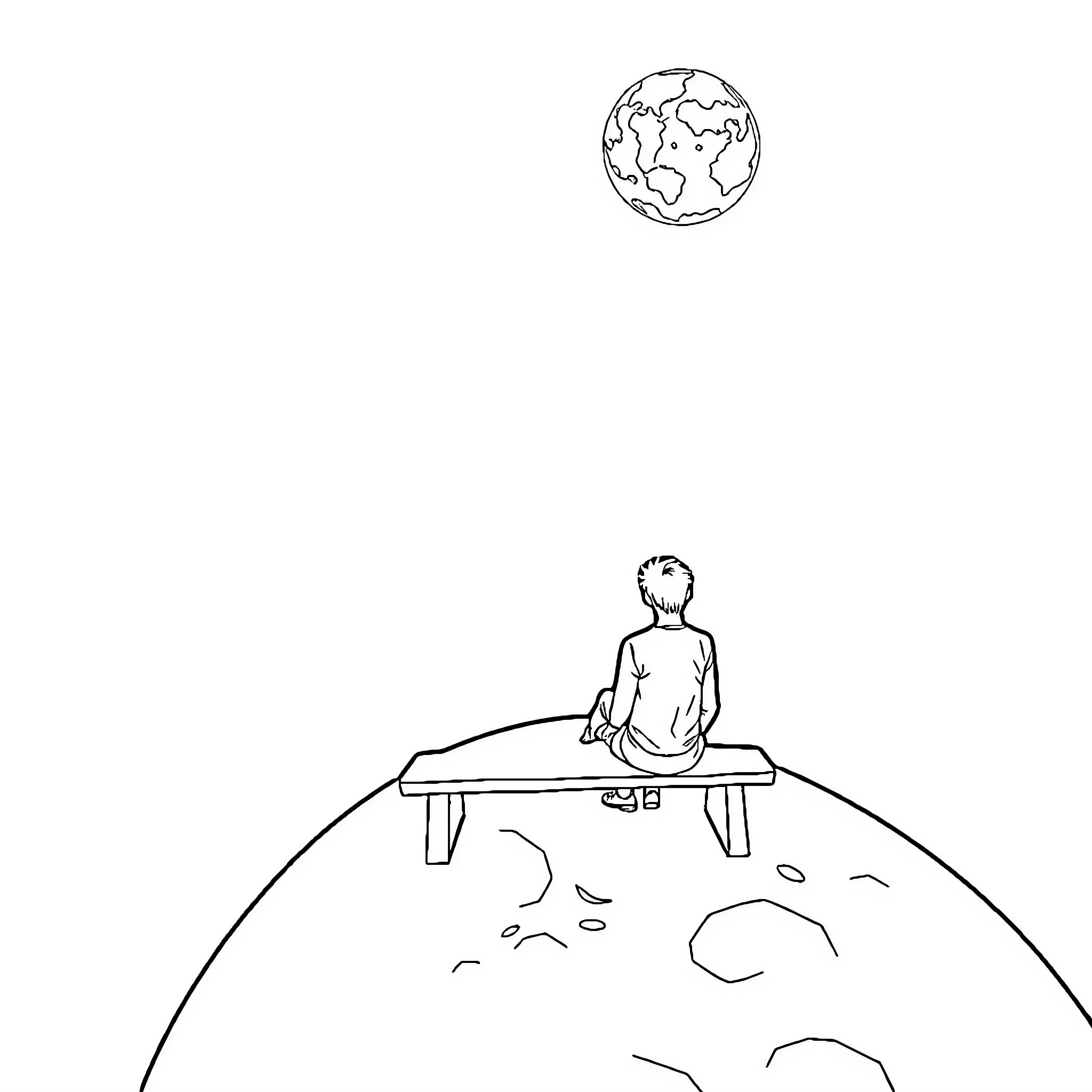 Man sitting on Earth looking at the world Coloring Page (free black-and-white line drawing printable PDF for all, from beginners to advanced learners, including children, teens, adults, and seniors)