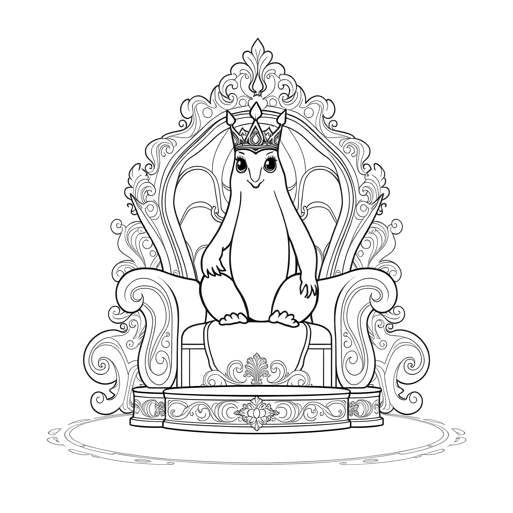 Brinjal creature adorned with a crown sitting on a throne Coloring Page (free black-and-white line drawing printable PDF for all, from beginners to advanced learners, including children, teens, adults, and seniors)