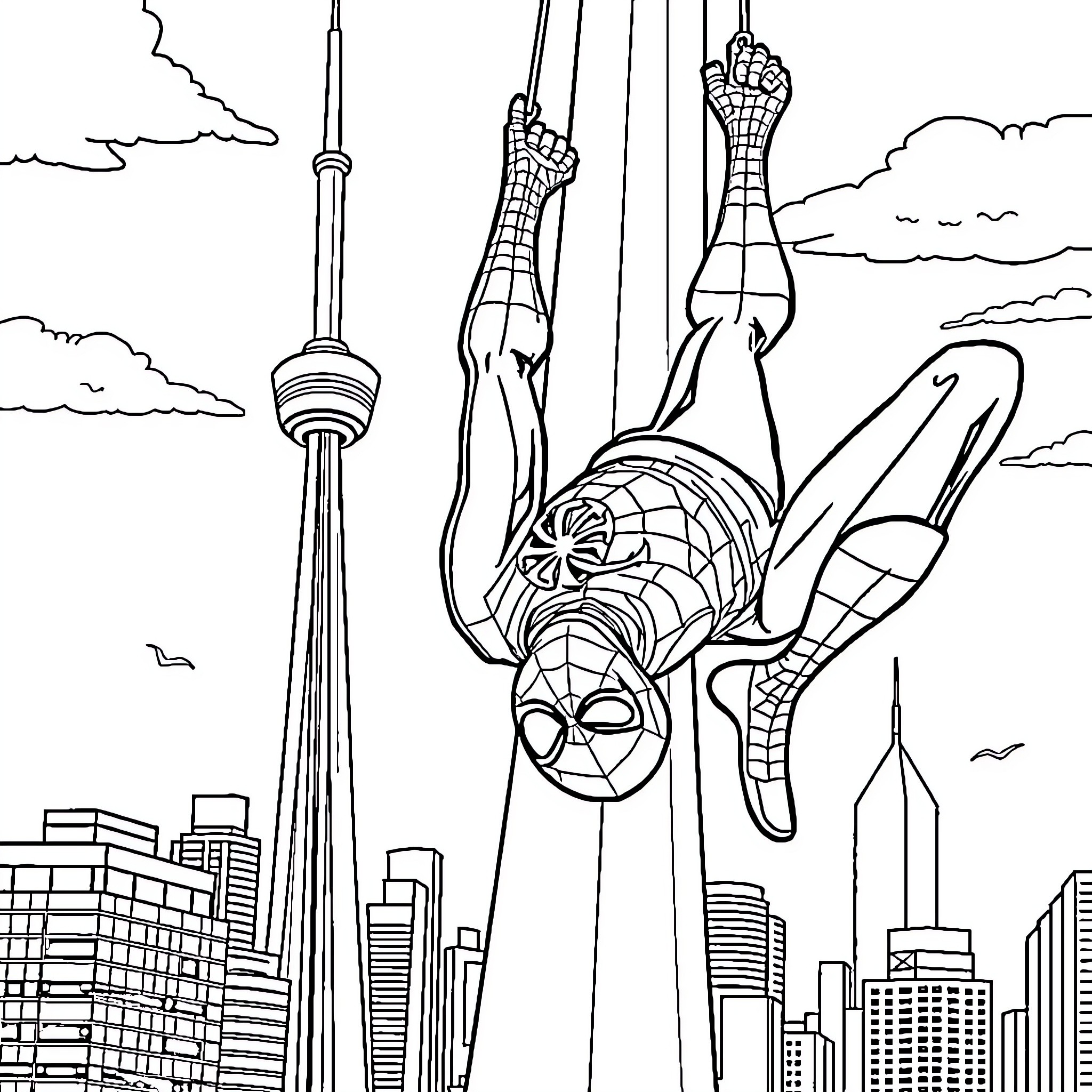 Spider-Man Swinging Through Skyscrapers Coloring Page (free black-and-white line drawing printable PDF for all, from beginners to advanced learners, including children, teens, adults, and seniors)