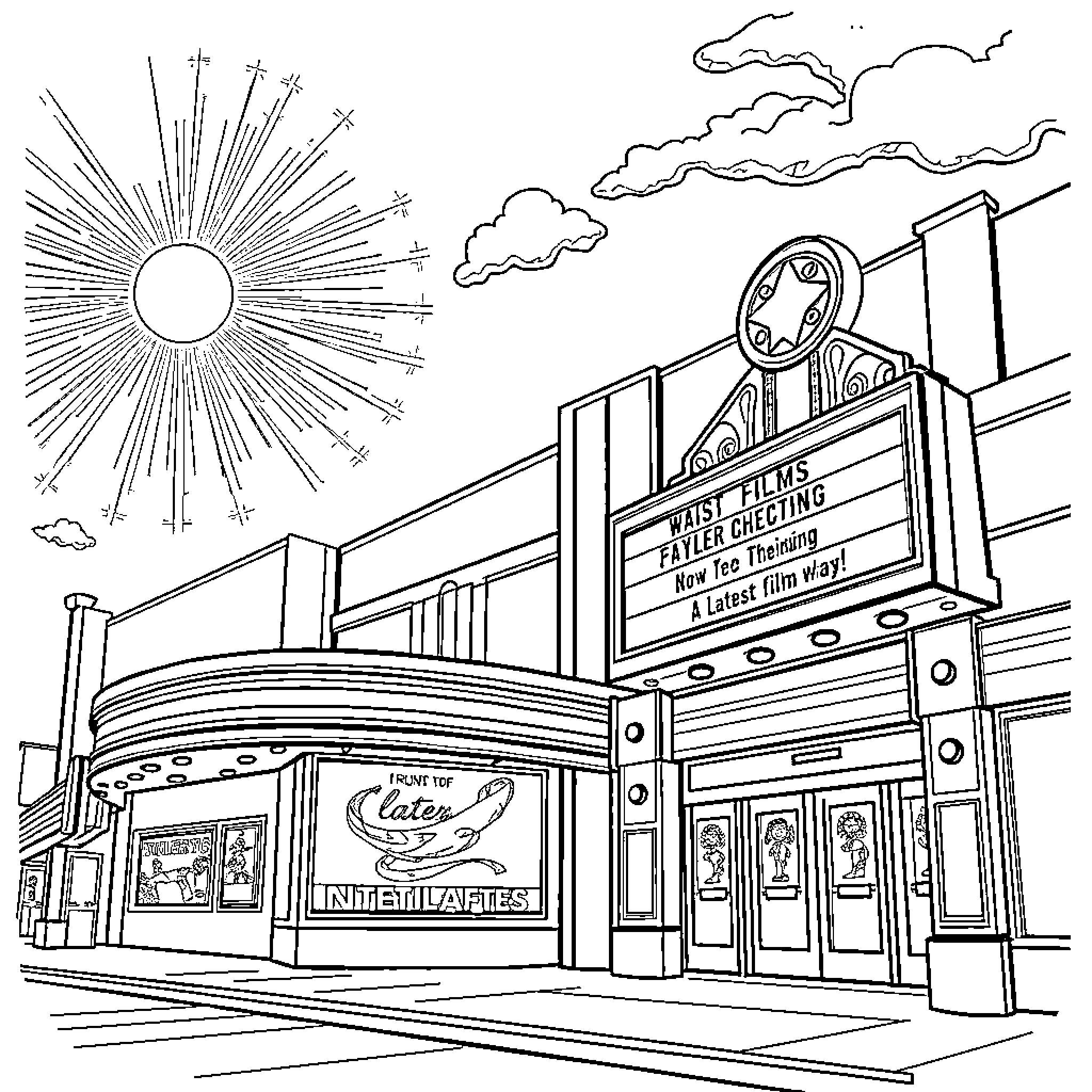 Movie Theater with Marquee and Sunny Skies Coloring Page (free black-and-white line drawing printable PDF for all, from beginners to advanced learners, including children, teens, adults, and seniors)
