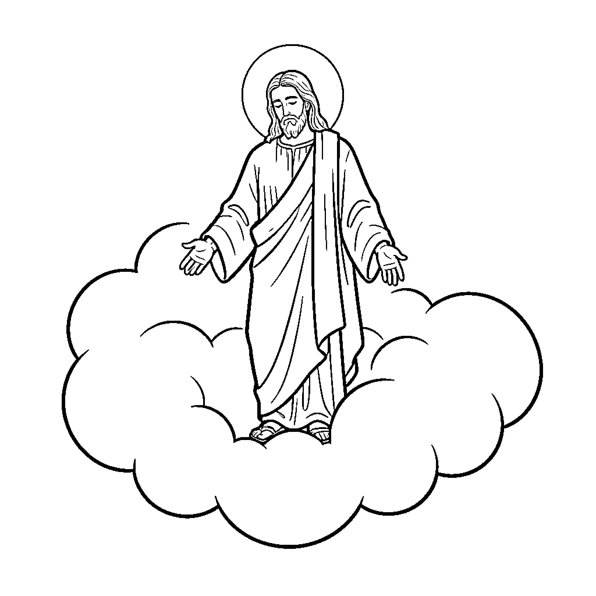 Jesus ascending into the heavens with cloud surrounding Coloring Page (free black-and-white line drawing printable PDF for all, from beginners to advanced learners, including children, teens, adults, and seniors)