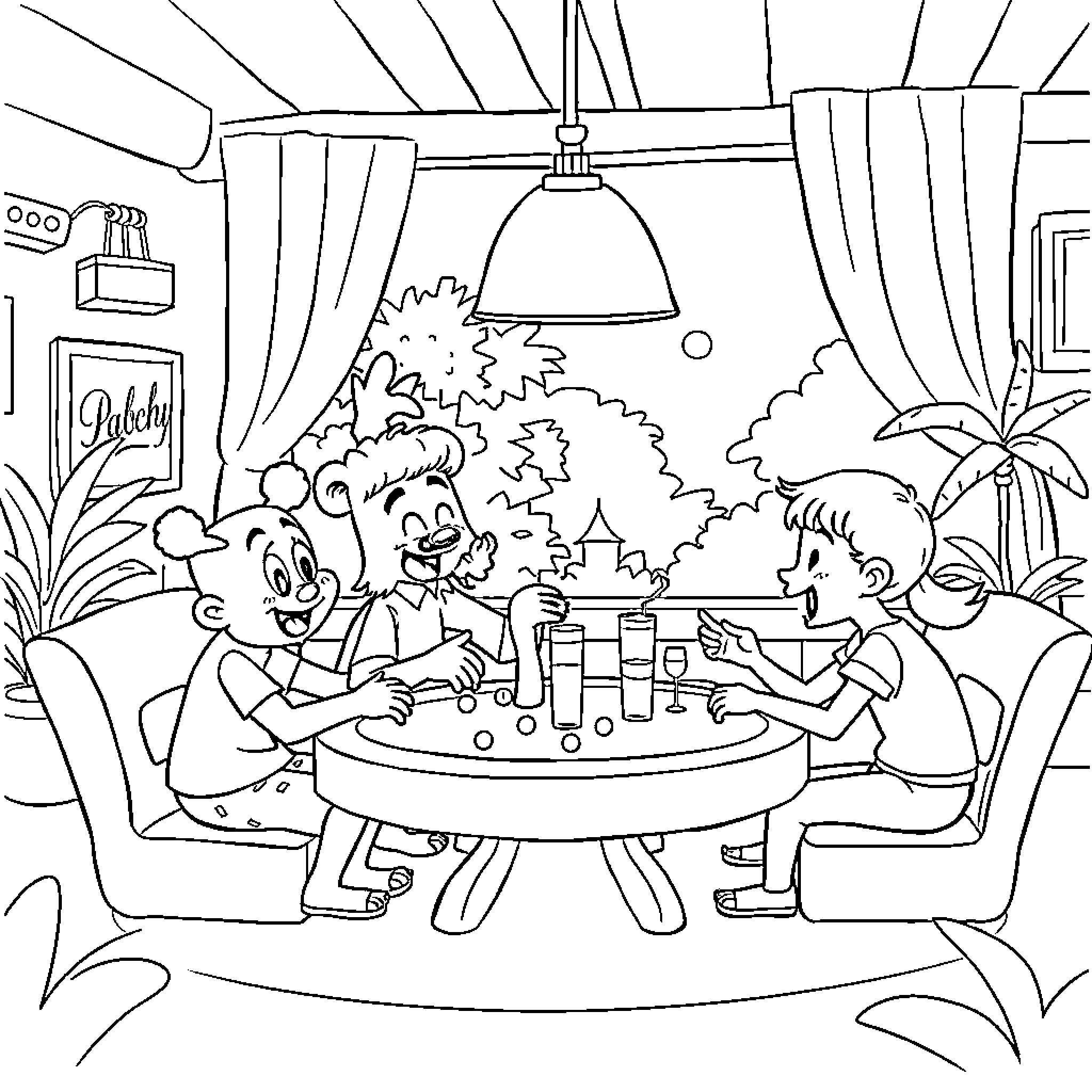 Bluey's Family Enjoying a Cozy Meal Together Coloring Page (free black-and-white line drawing printable PDF for all, from beginners to advanced learners, including children, teens, adults, and seniors)