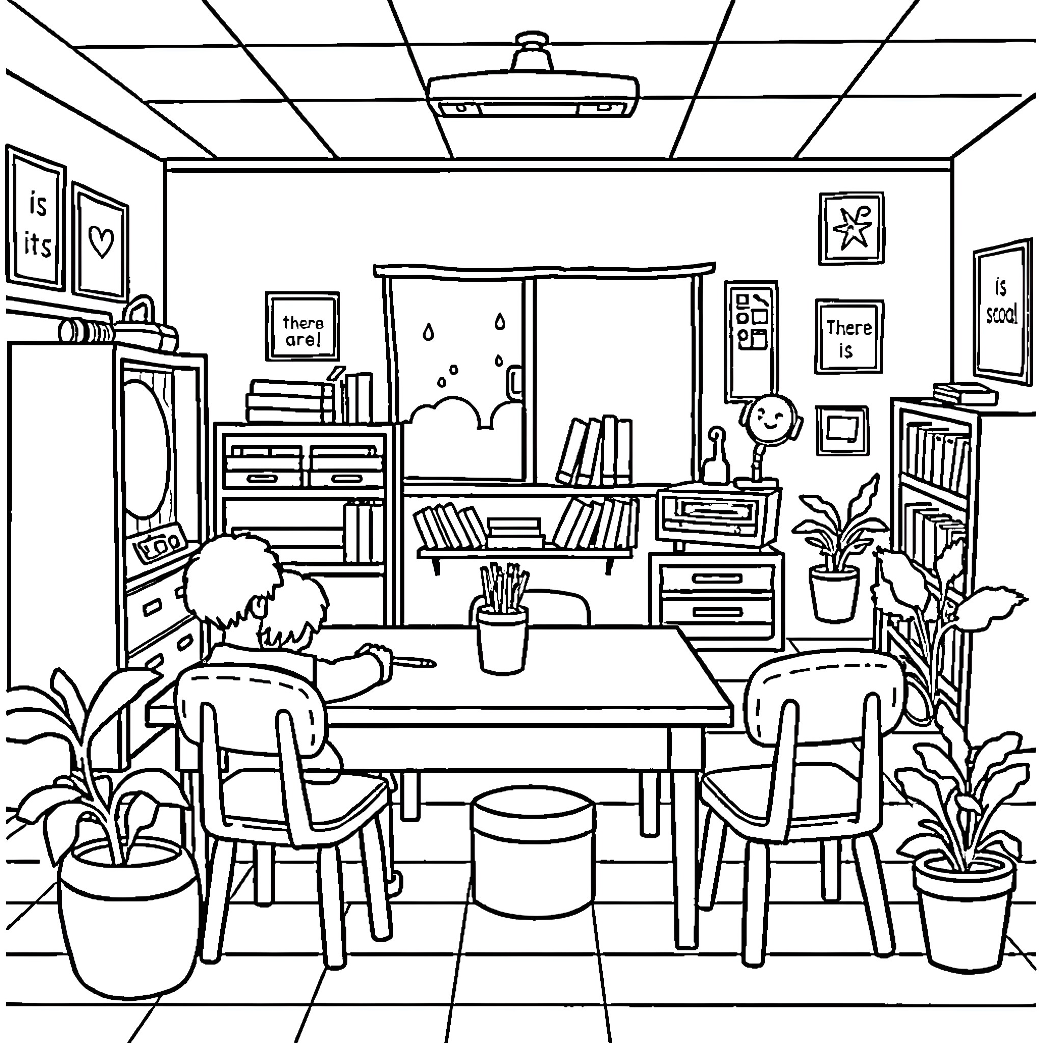 Image of a cozy home office with furniture and decor Coloring Page (free black-and-white line drawing printable PDF for all, from beginners to advanced learners, including children, teens, adults, and seniors)