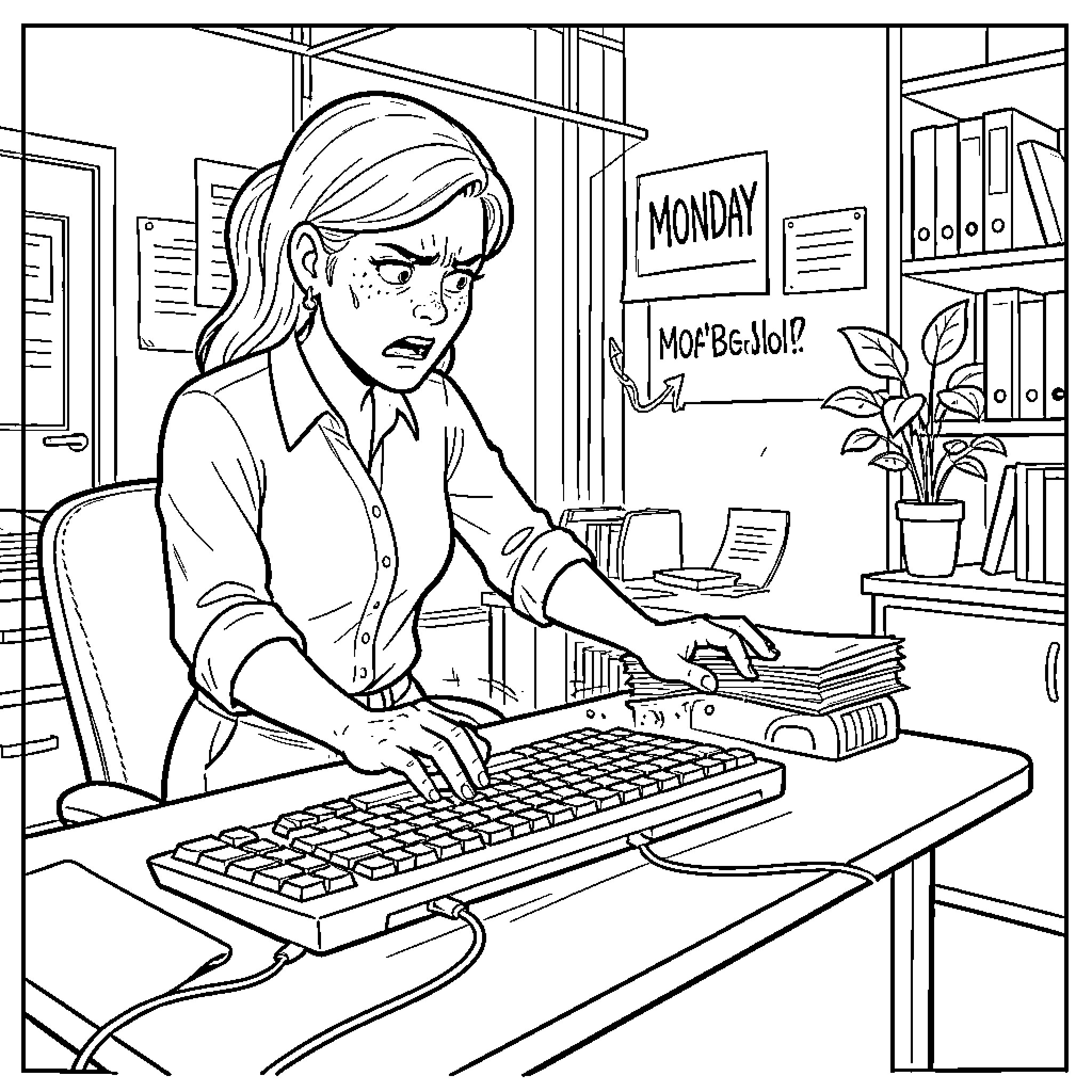 Office Manager looking stressed while working at a desk Coloring Page (free black-and-white line drawing printable PDF for all, from beginners to advanced learners, including children, teens, adults, and seniors)